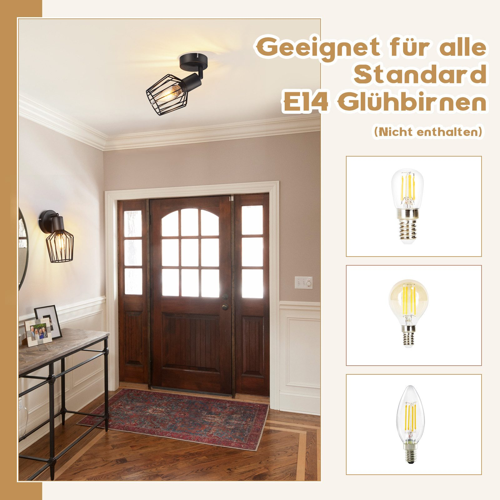 Un corridoio di casa con luci e lampadine, che mostra diverse lampadine E14. Porta e pavimento in legno.