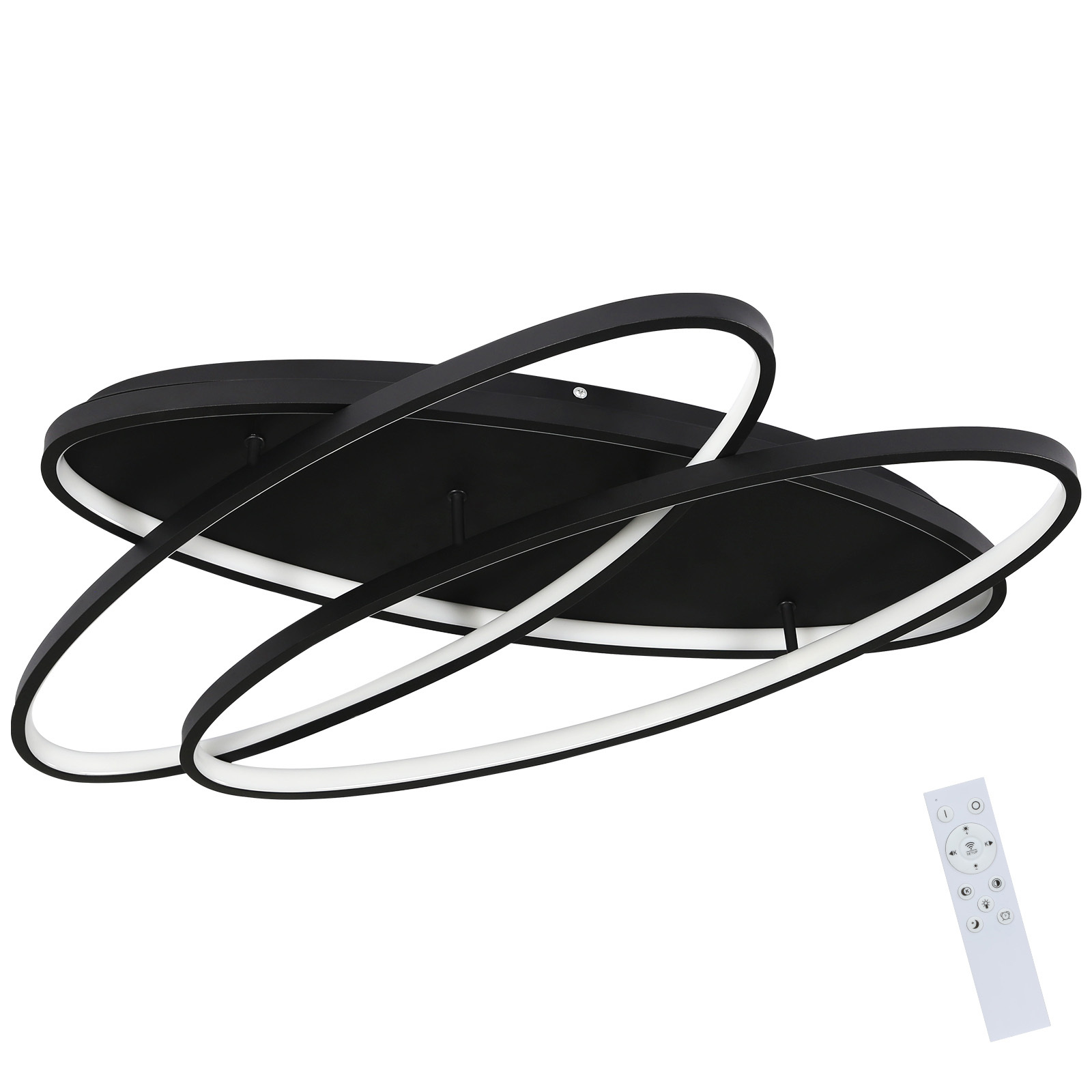 Czarna lampa sufitowa z przecinającymi się białymi neonowymi pierścieniami świetlnymi, pilot na dole.