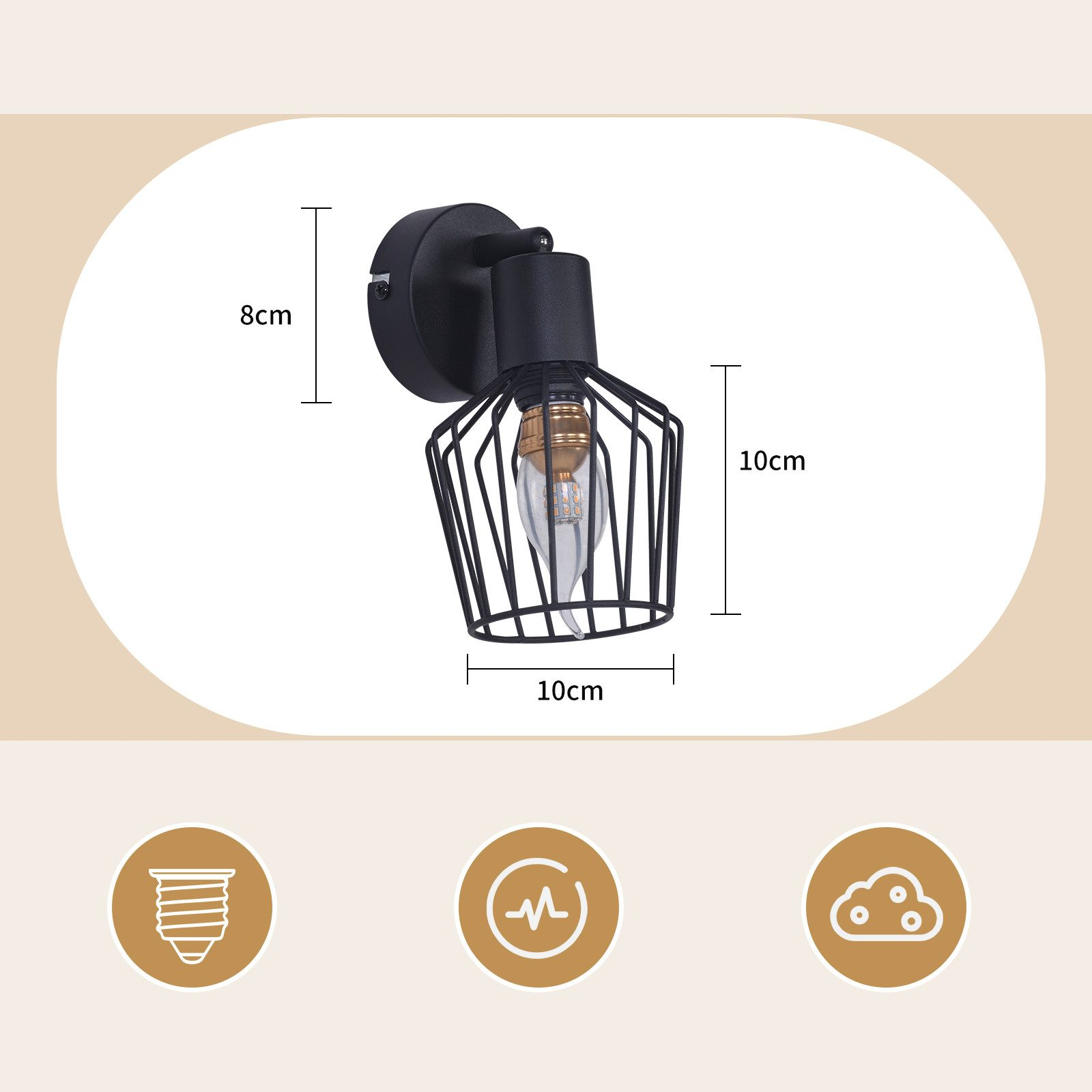 Lampada da parete in metallo nero con design a gabbia metallica e lampadina visibile.