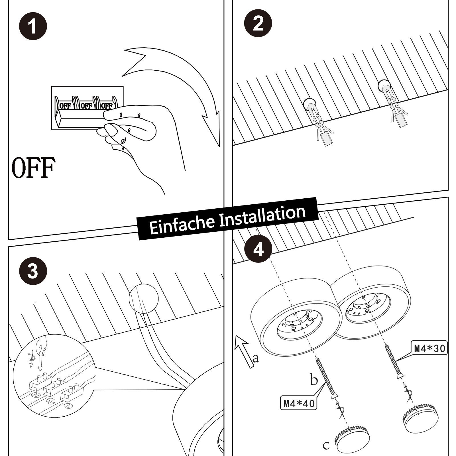 Passaggi illustrati per l'installazione di una plafoniera. Mostra diagrammi con istruzioni e hardware.