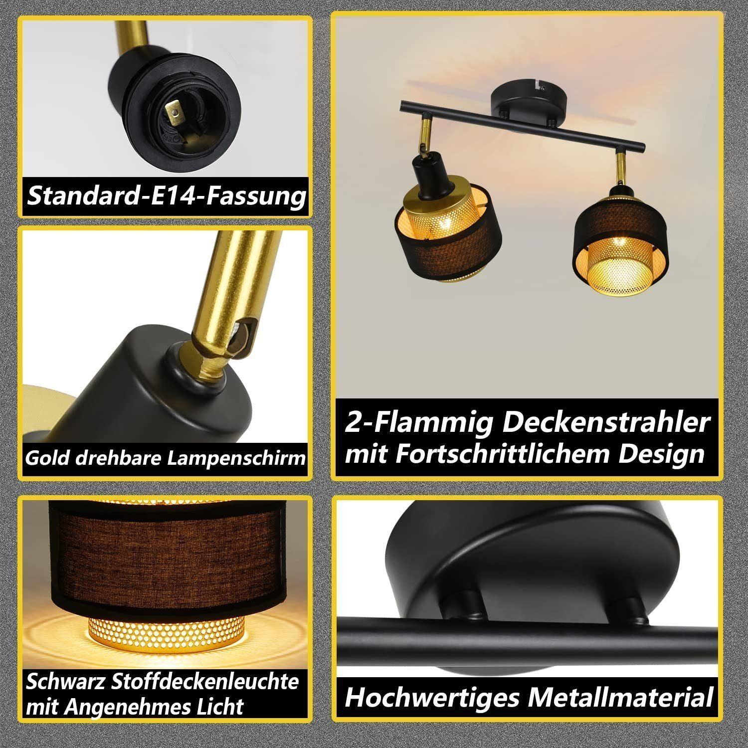 Nahaufnahme einer schwarz-goldenen Deckenleuchte mit zwei Lampen. Enthält Textbeschreibungen.