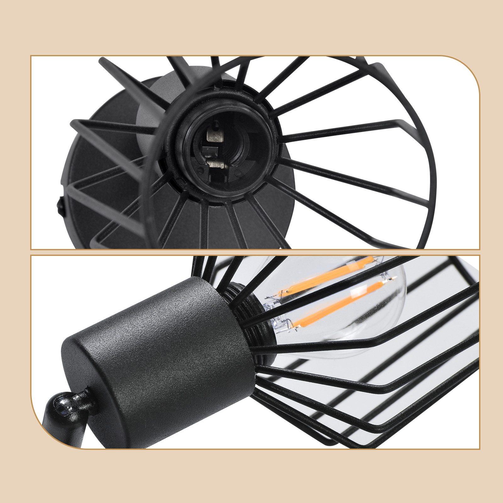 Lampada in metallo nero con design a gabbia e lampadina.