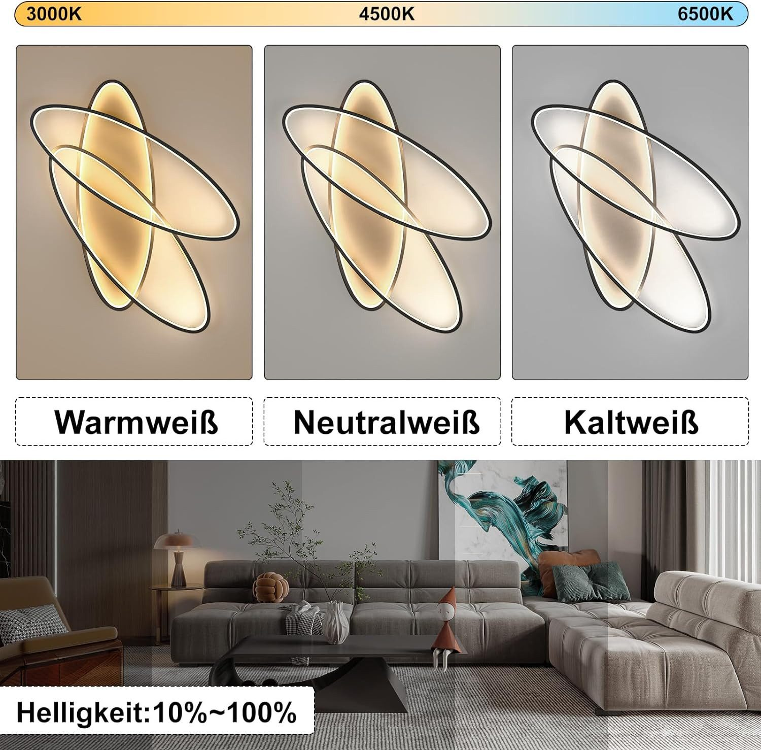 Trzy obrazy pokazują różne ustawienia światła dla nowoczesnej lampy. Ciepła, neutralna i zimna biel.