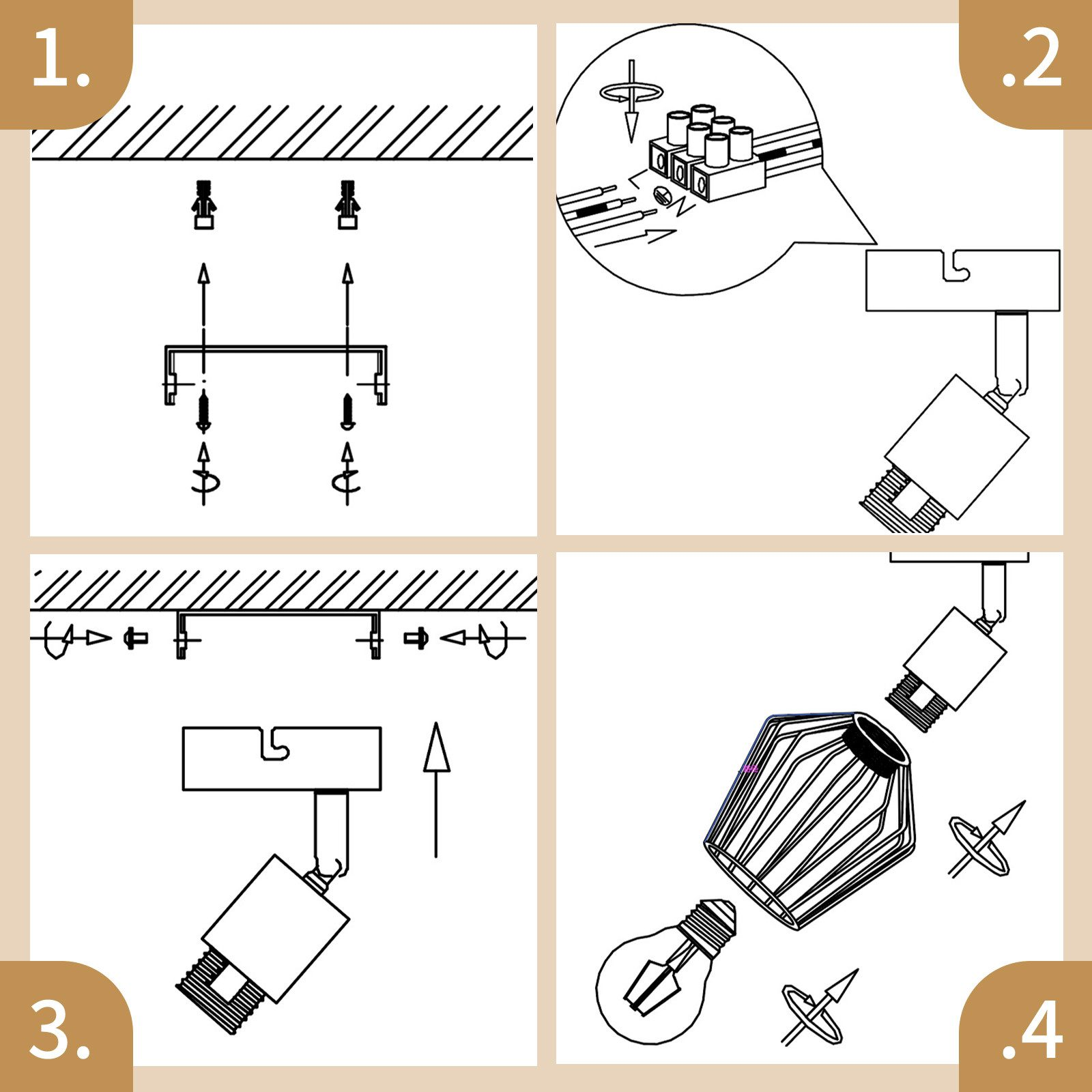 Istruzioni di montaggio per una lampada da soffitto, diagrammi che mostrano i passaggi 1-4.