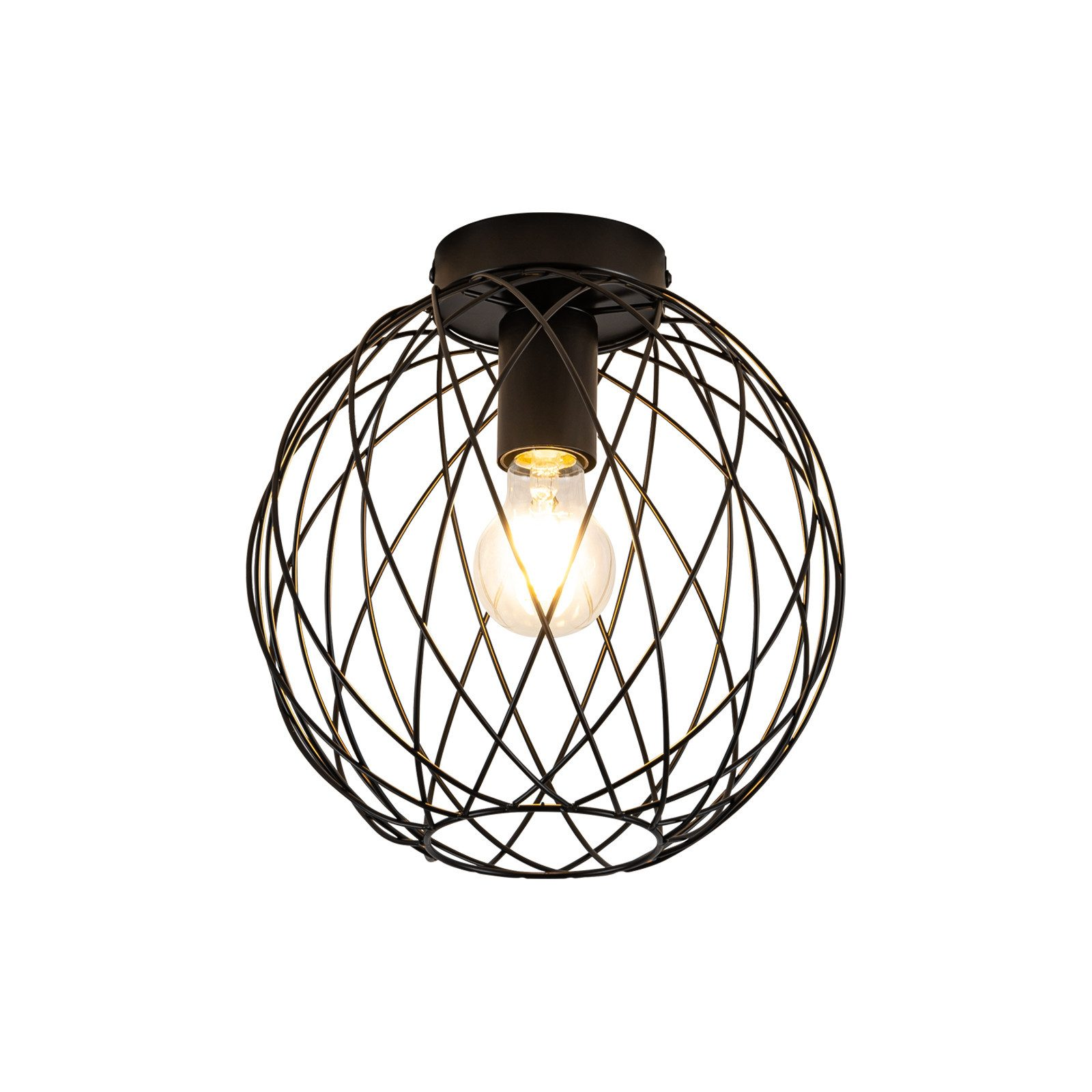 Czarna metalowa lampa w kształcie kuli z jedną żarówką.