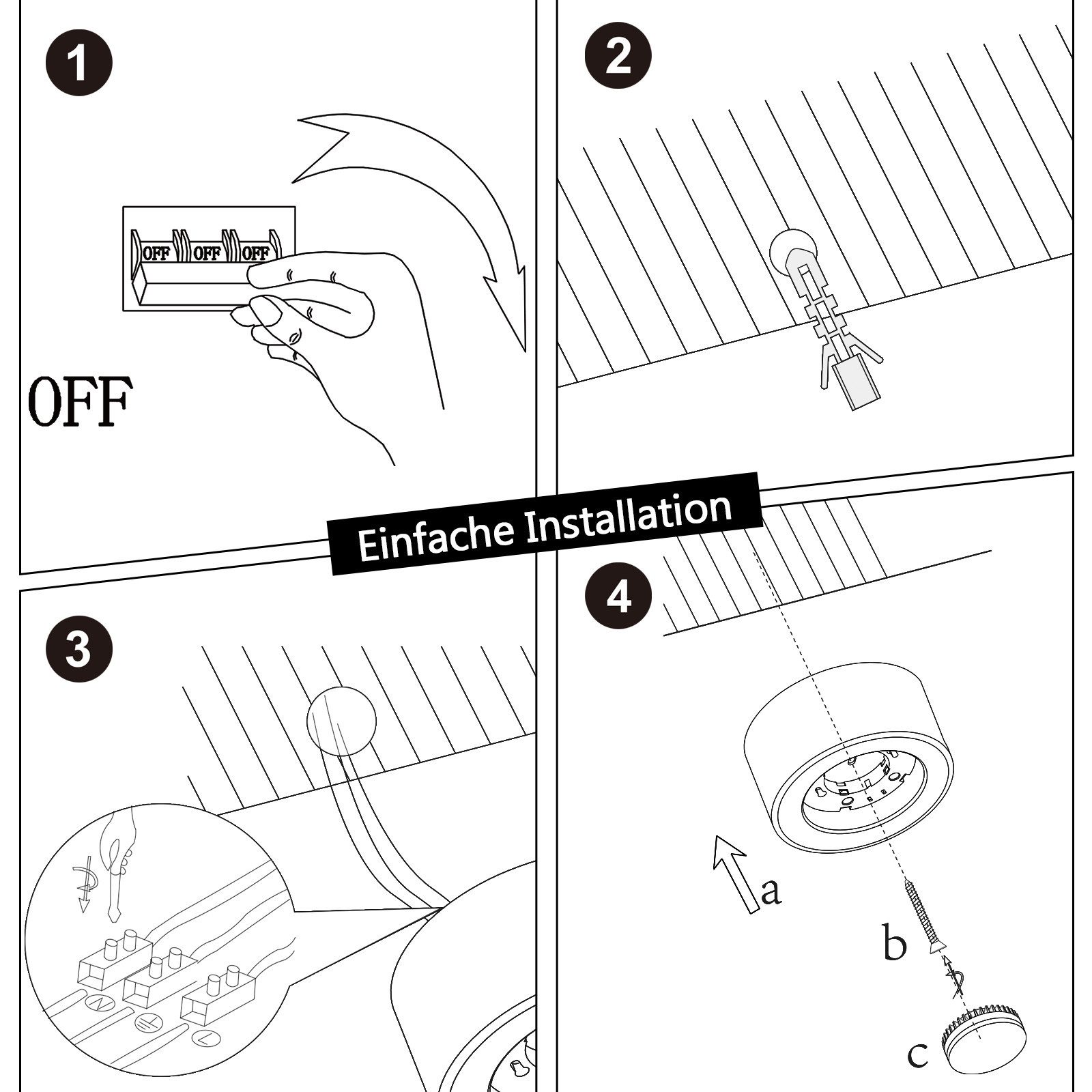 Czterostopniowa instrukcja instalacji dla oprawy oświetleniowej, z użyciem diagramów i instrukcji.