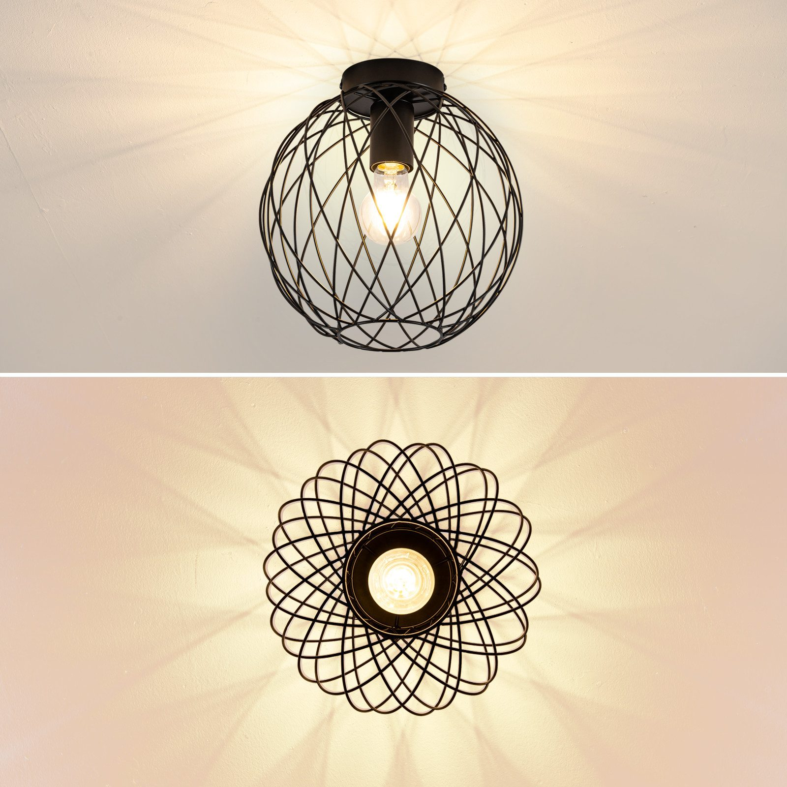 Due immagini di una lampada da soffitto nera a filo con una lampadina, su sfondo bianco.