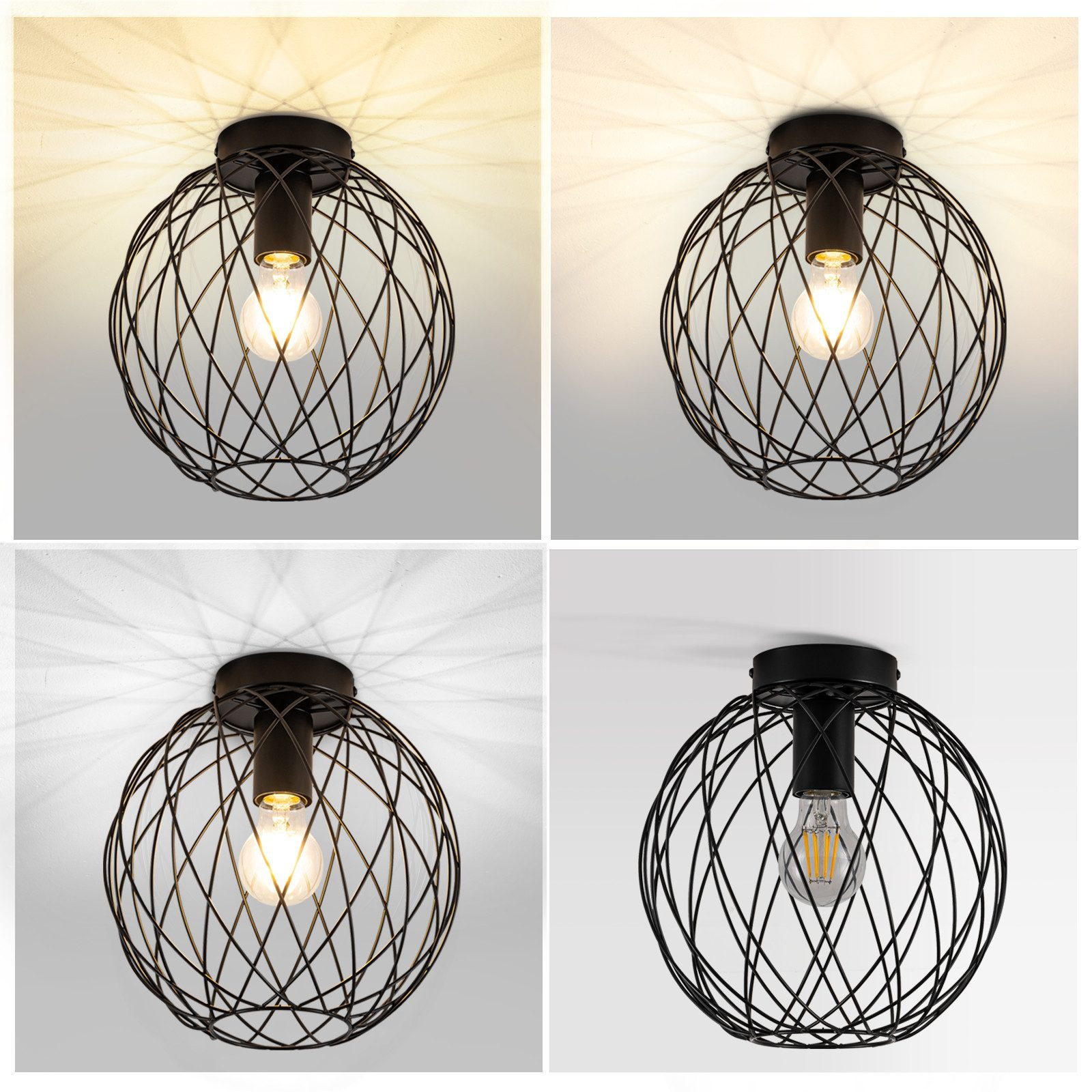 Quattro immagini di una lampada a filo nera con diversi effetti di lampadina.