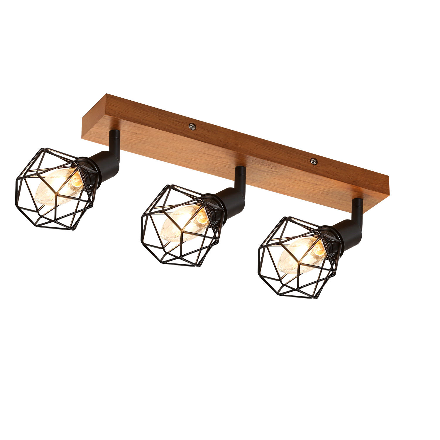 Tavola in legno con tre luci nere con design geometrico a gabbia.