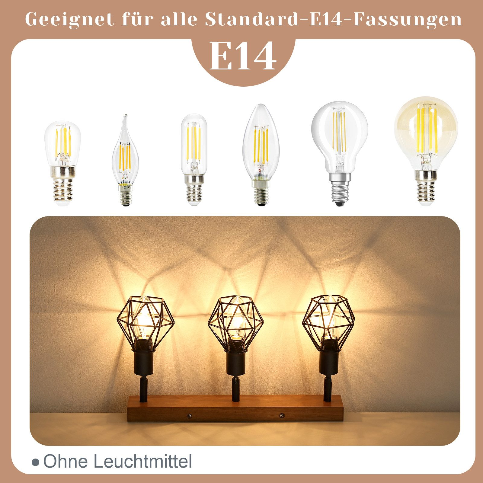 Varie lampadine E14 e tre lampade. Il testo sui raccordi E14 è sopra.