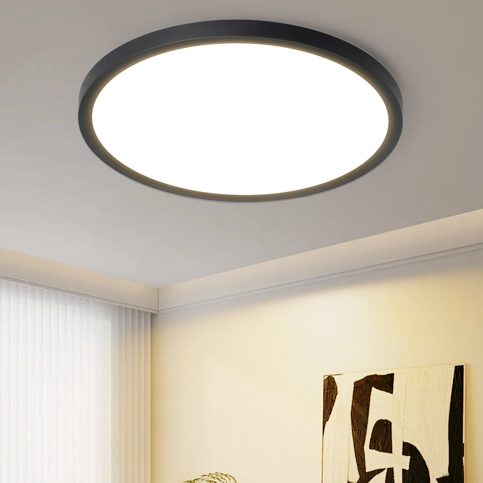 Una luce da soffitto rotonda nera su un soffitto bianco con un dipinto.