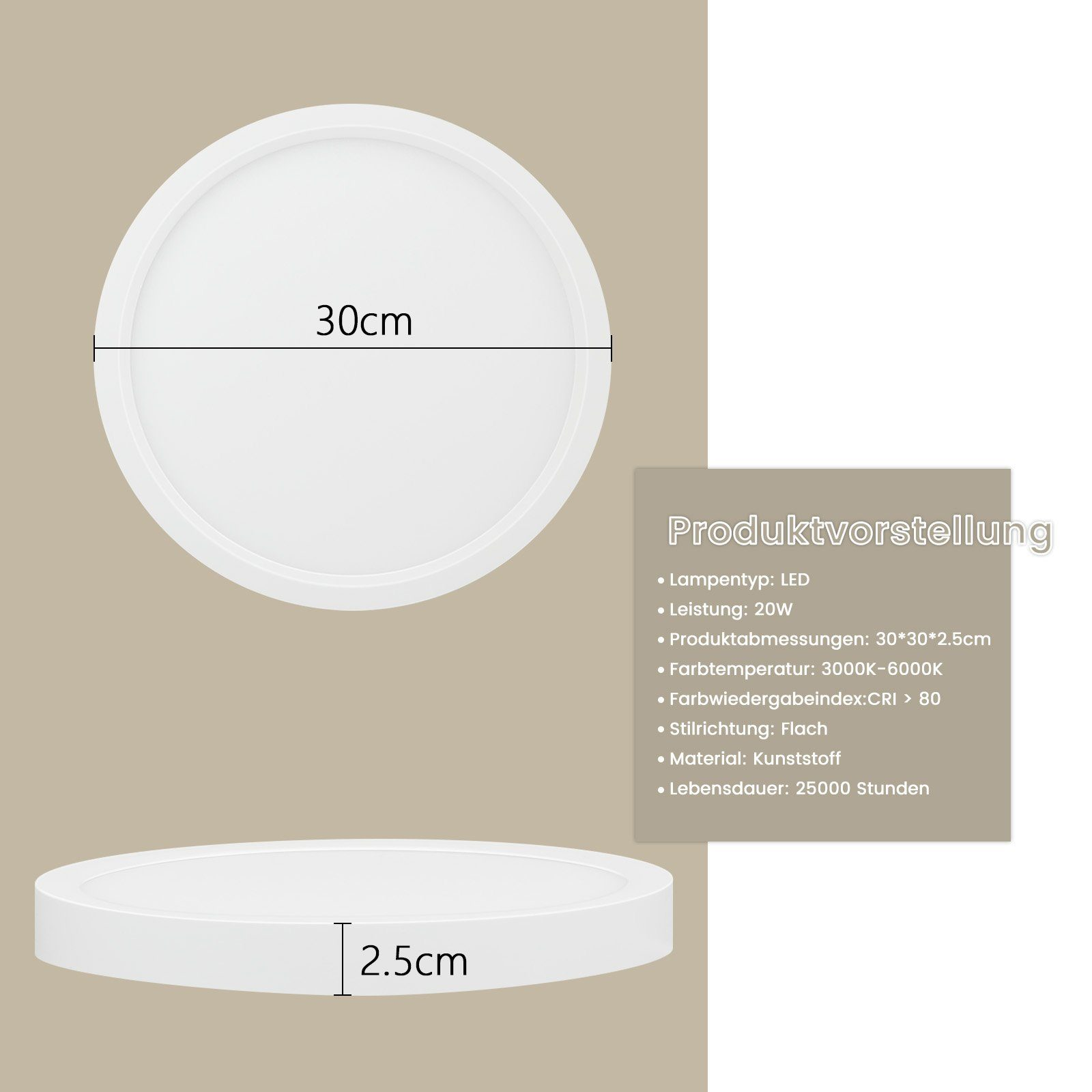 Lampada da soffitto LED rotonda bianca, 30 cm. Specifiche: LED, 20W, 3000K-6000K.