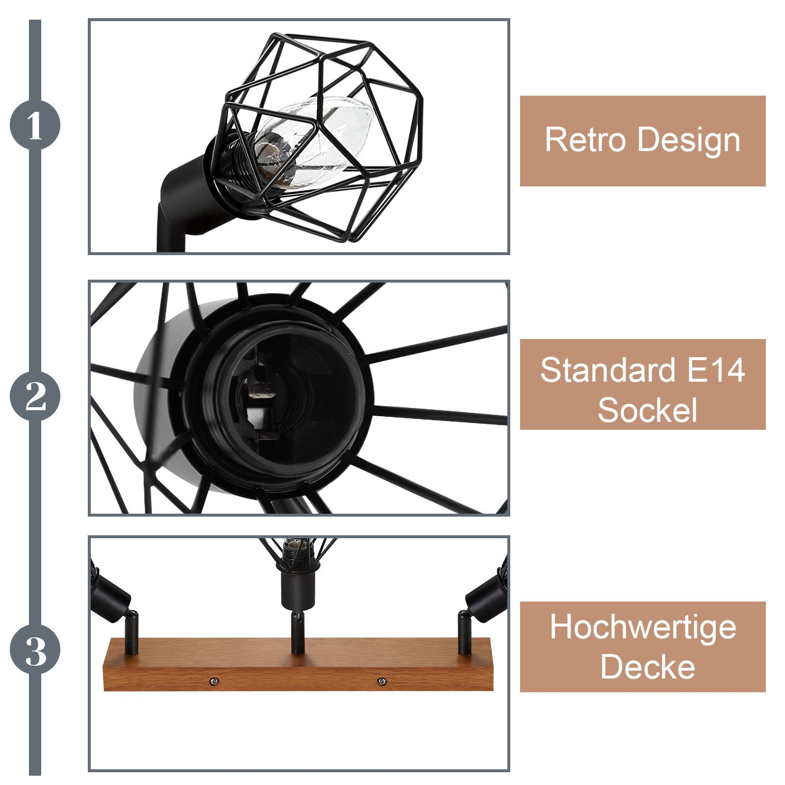 Primo piano di una lampada da soffitto in tre parti; design retrò, attacco standard e base in legno.