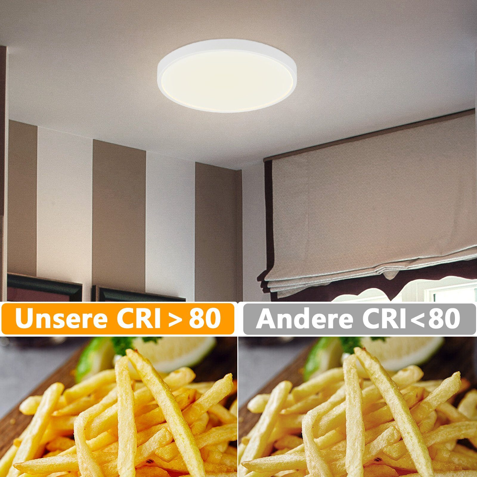 Due immagini che confrontano gli effetti di illuminazione sulle patatine fritte con diversi indici di resa cromatica (CRI).