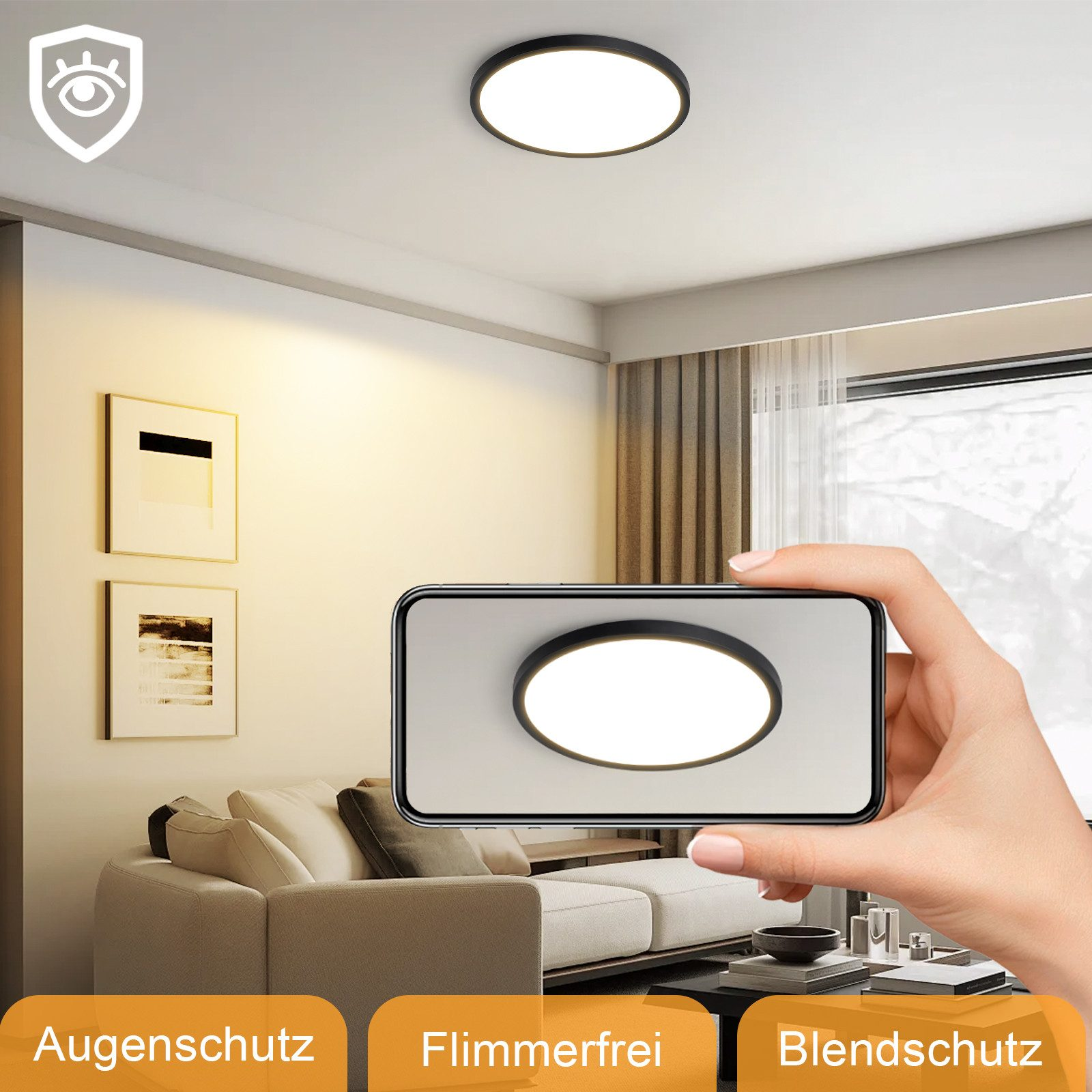 Una mano che tiene un telefono che mostra una luce a soffitto, con etichette di testo sotto.