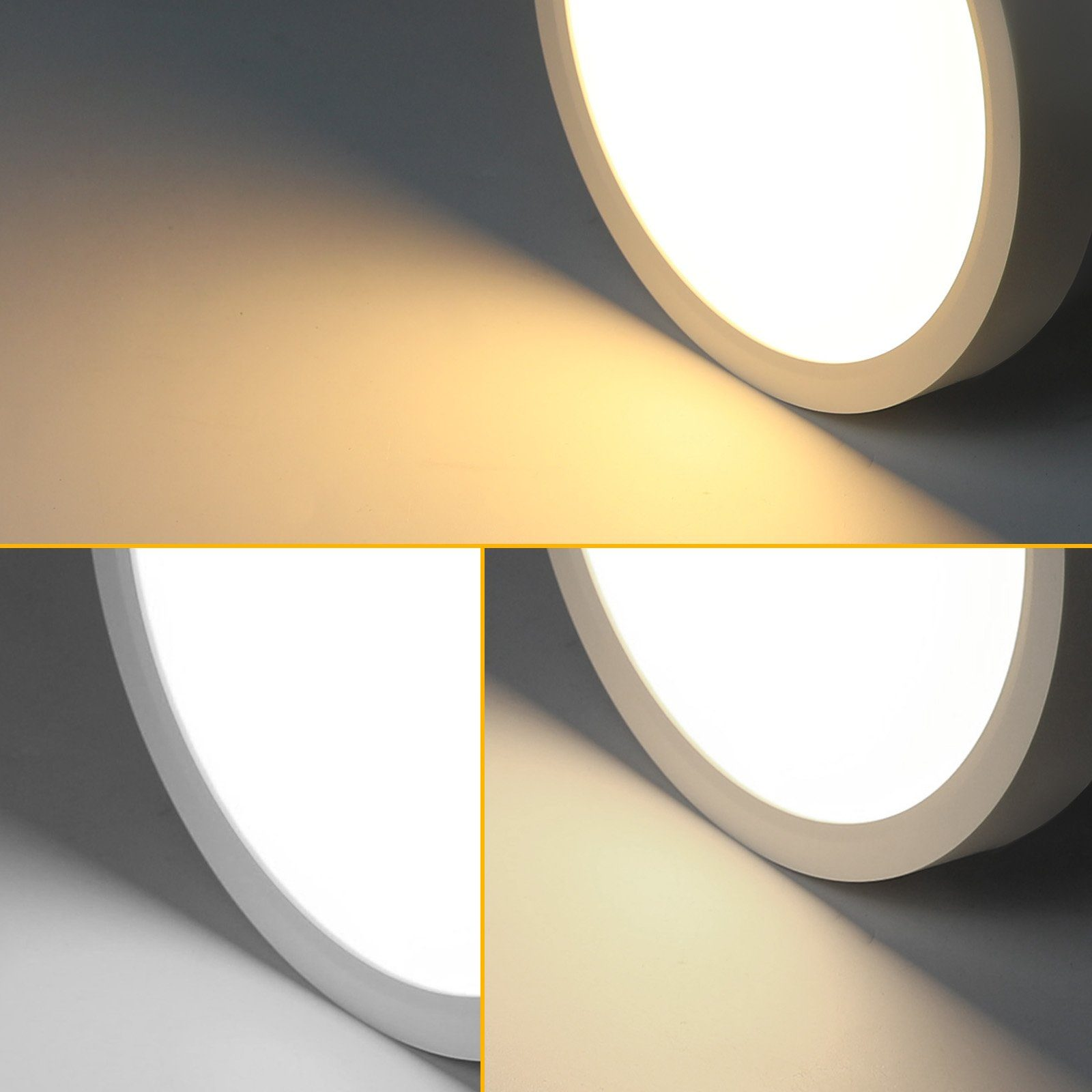 3 immagini di una plafoniera bianca. La luce è circolare e la luce cambia da brillante a calda.