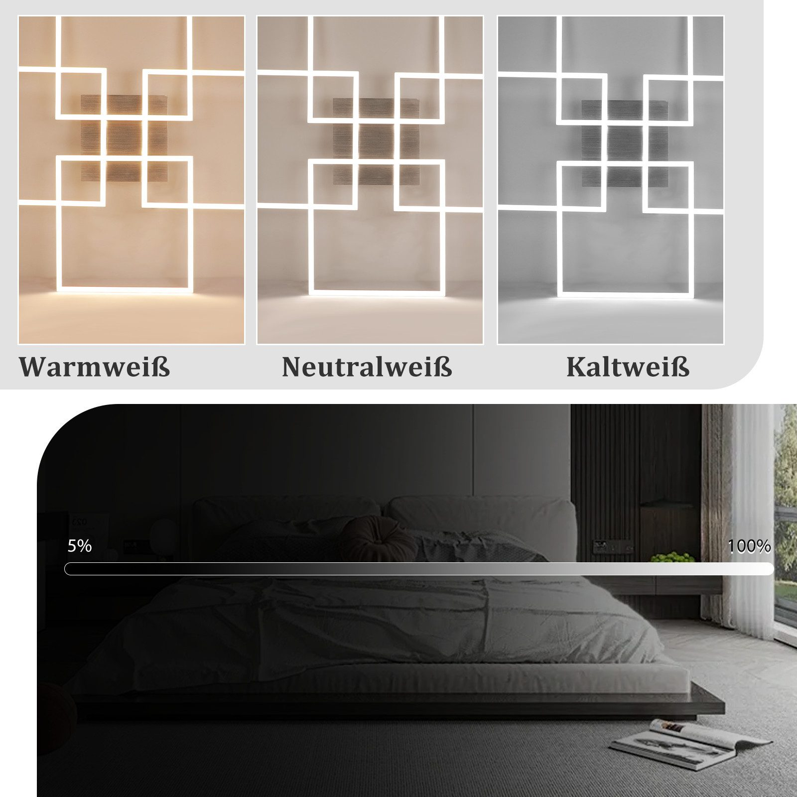 Trzy ustawienia światła: ciepła biel, neutralna biel i zimna biel. Pokazano suwak ściemniacza.