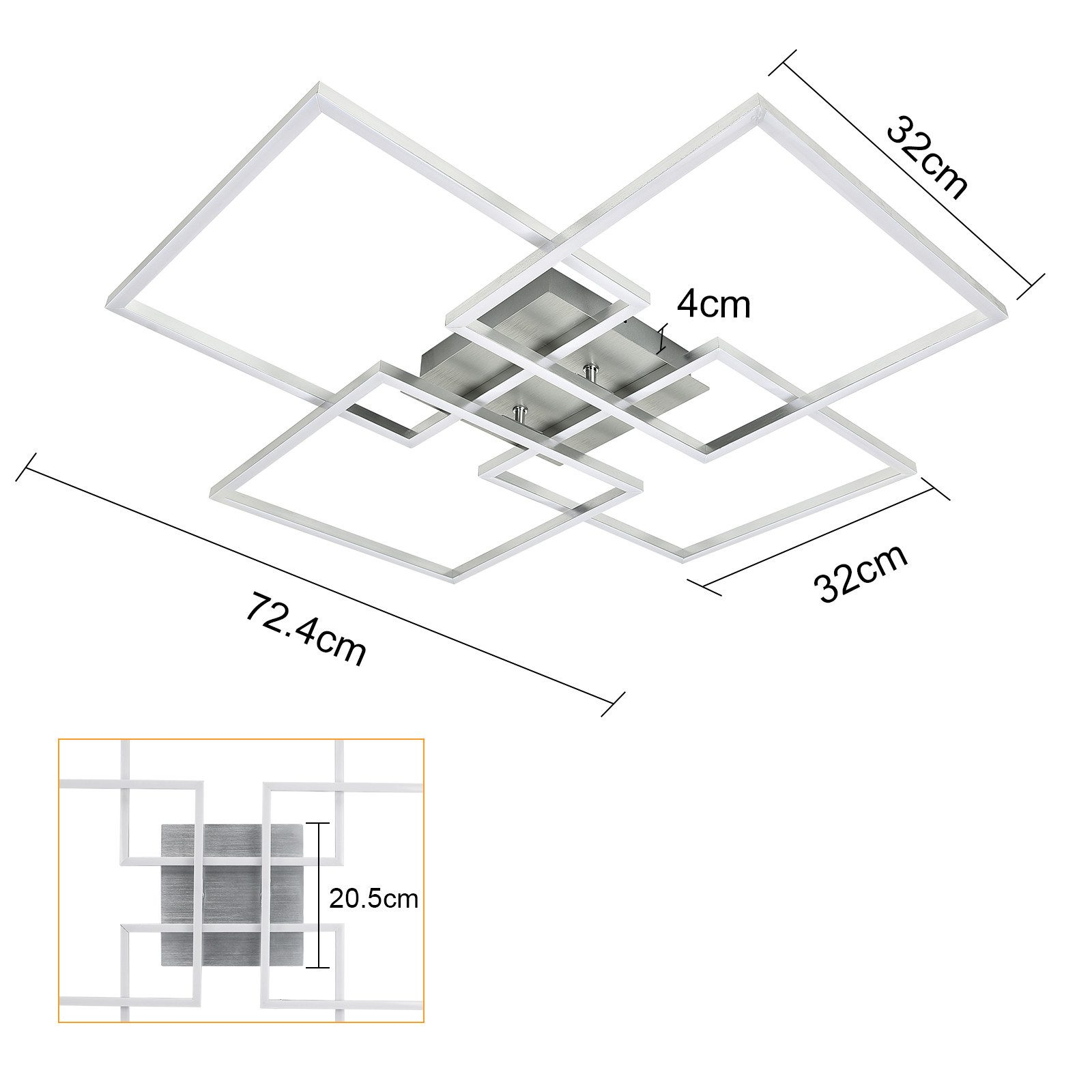 Biała lampa sufitowa z geometrycznym wzorem, wymiary w cm. Mały kwadratowy detal poniżej.