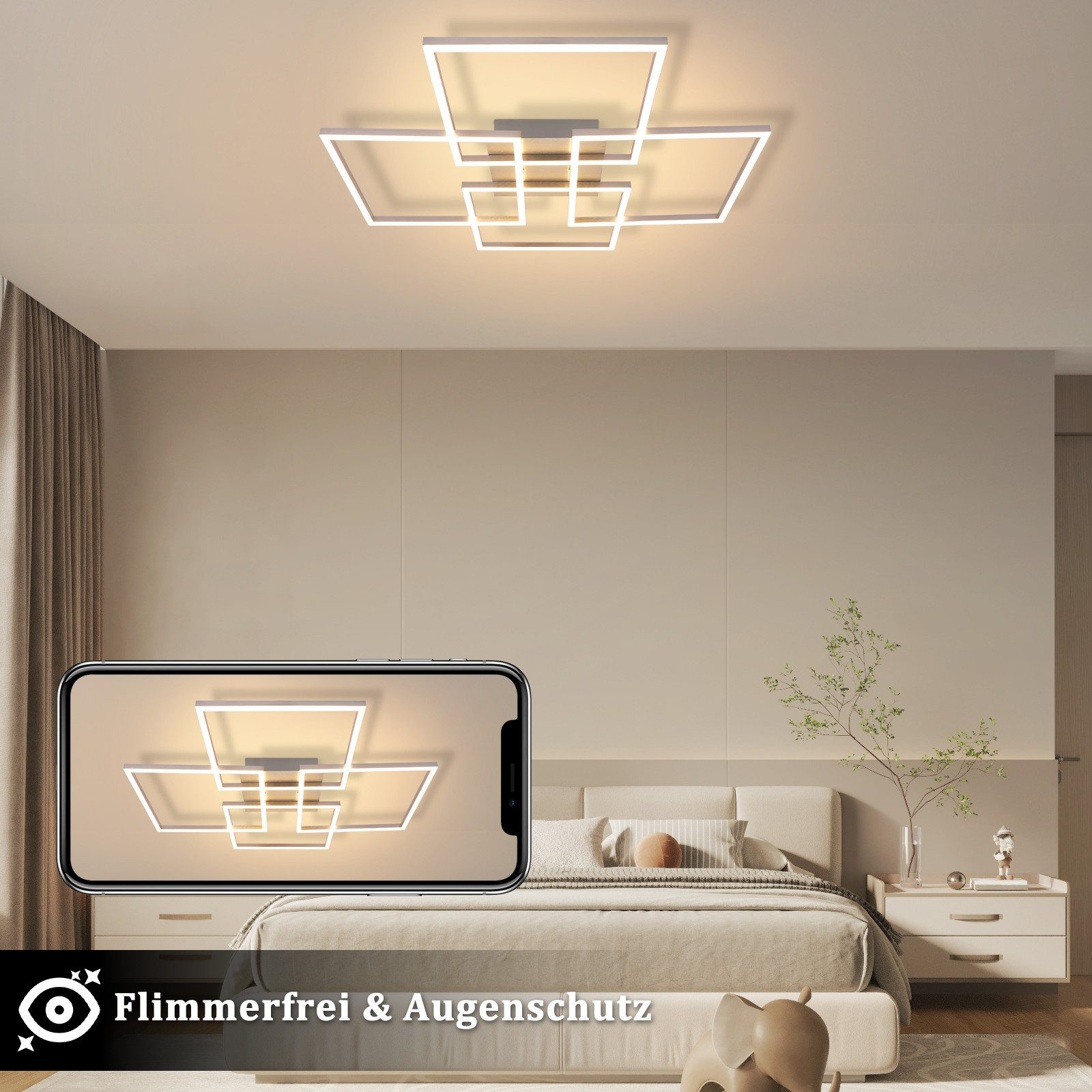 Lampa sufitowa z geometrycznym wzorem i smartfon z tym samym wzorem na ekranie.