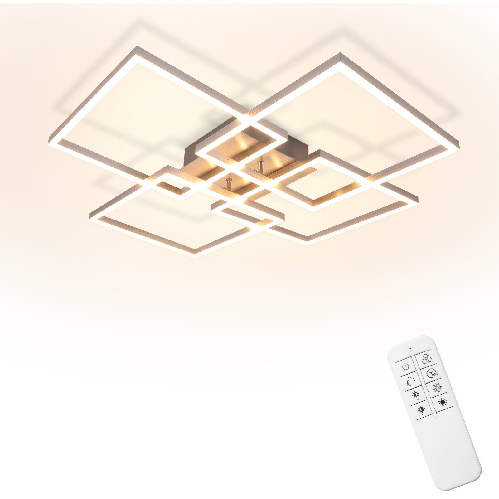 Nowoczesna geometryczna lampa sufitowa z kwadratowymi panelami i pilotem.