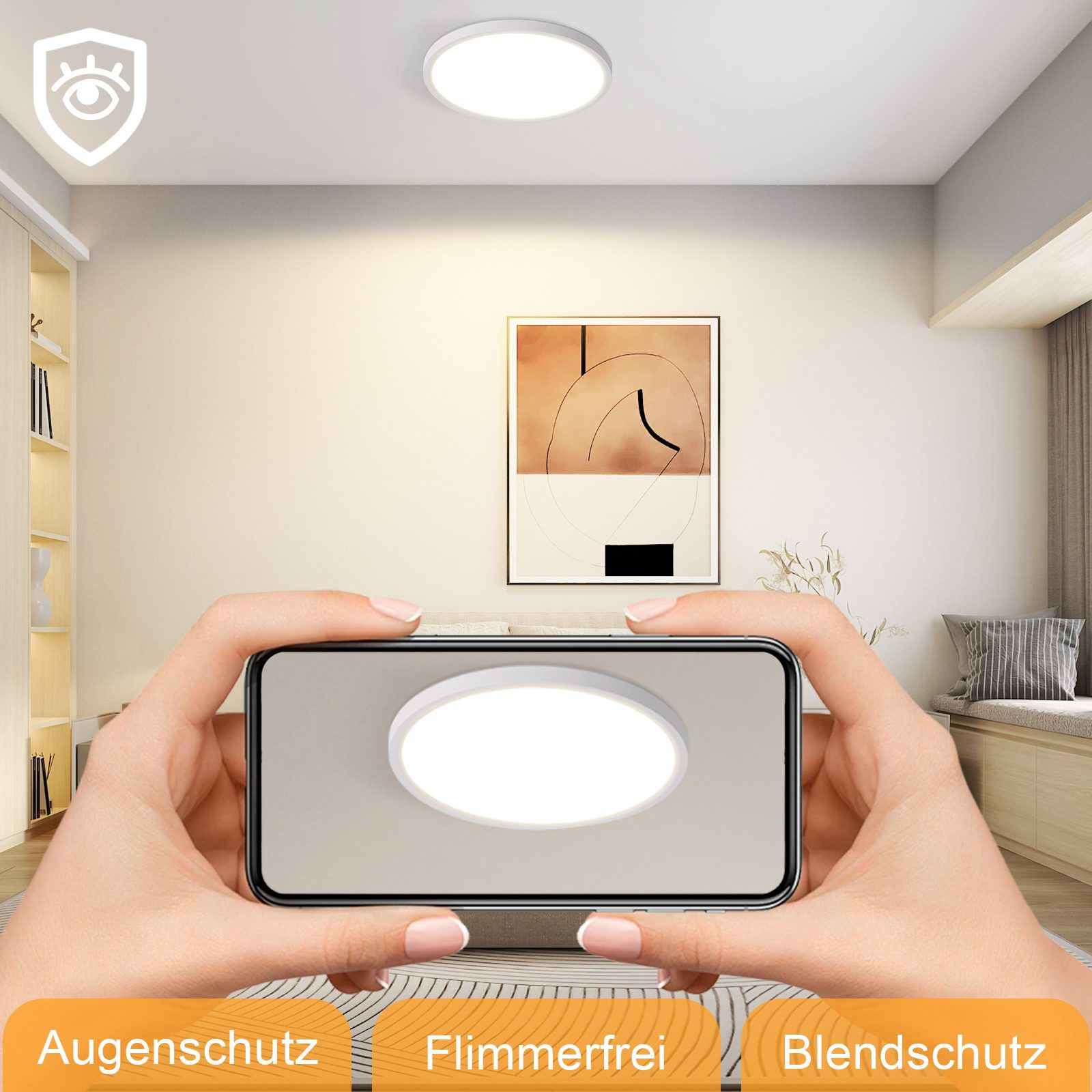Hände halten ein Telefon, das eine Deckenleuchte zeigt, mit Text über Augenschutz.