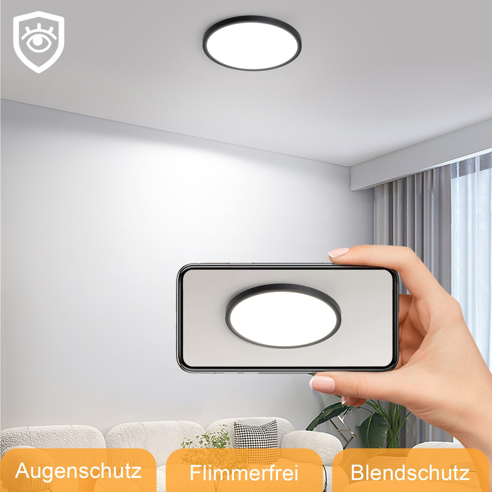 Plafone rotonda bianca. Mano tiene telefono che mostra la stessa luce. Testo: Protezione occhi.