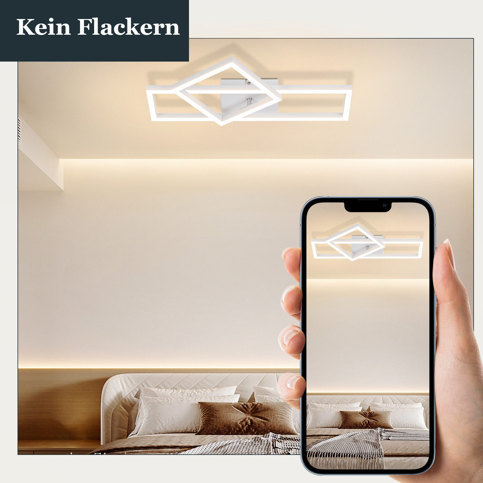 Moderne Deckenleuchte mit einem Telefon in der Hand. Die Leuchte ist weiß und geometrisch.