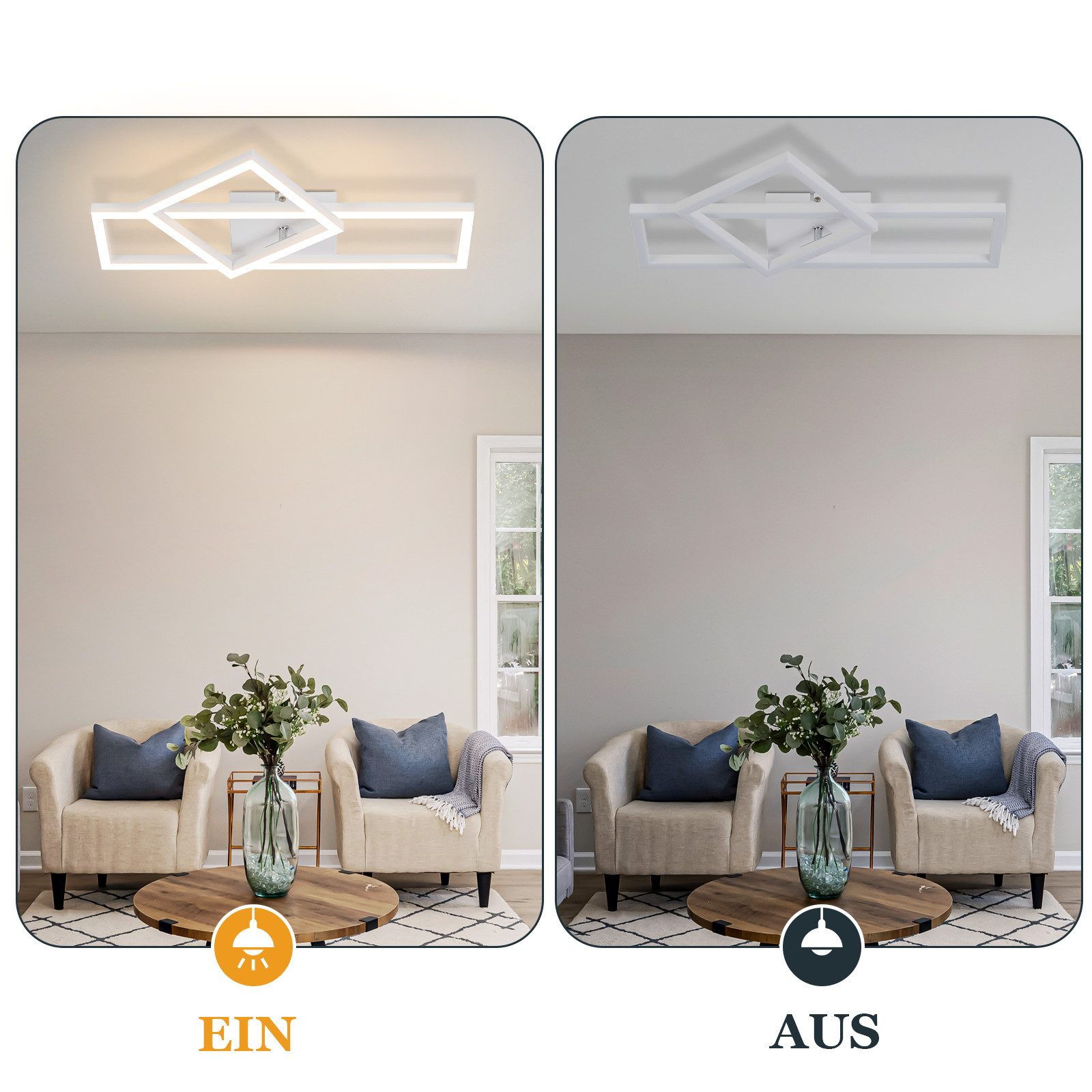 Zwei Bilder. Deckenleuchten an und aus über einem Wohnzimmer mit zwei Sesseln.