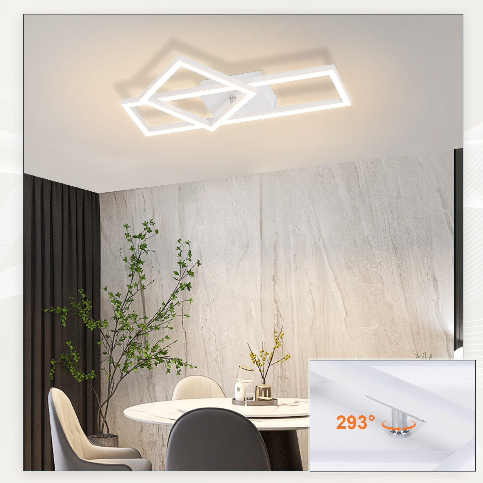 Weiße Deckenleuchte. Rechteckige und quadratische Formen. Modernes Design. Einsatz mit verstellbarem Detail.