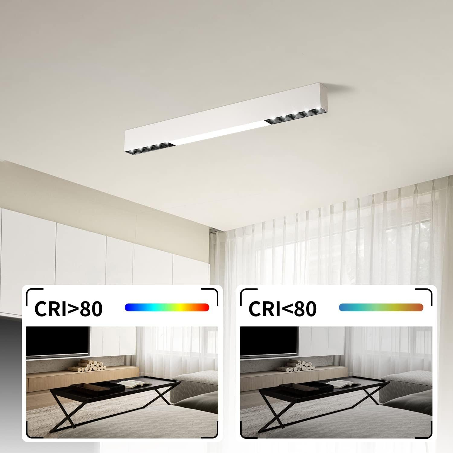 Lampada da soffitto rettangolare bianca con pannello bianco, due immagini che mostrano diversi spettri di colore.