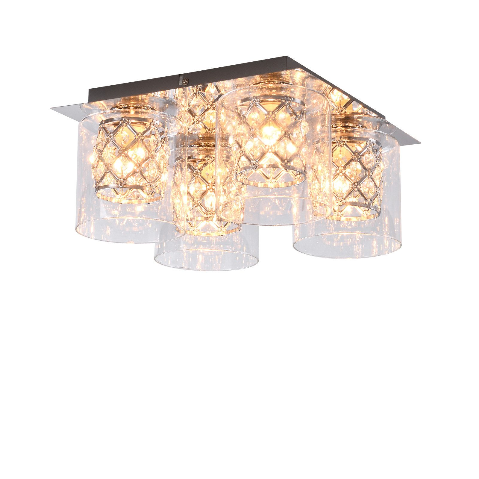 Lampa sufitowa z kryształowymi kloszami, na białym tle.