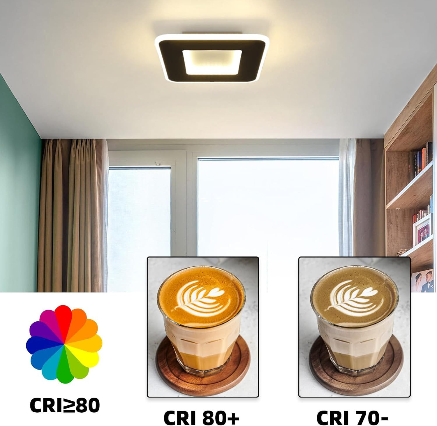 Lampada da soffitto di forma quadrata. Due tazze di caffè sono sul tavolo. Lo sfondo è una finestra e un muro.