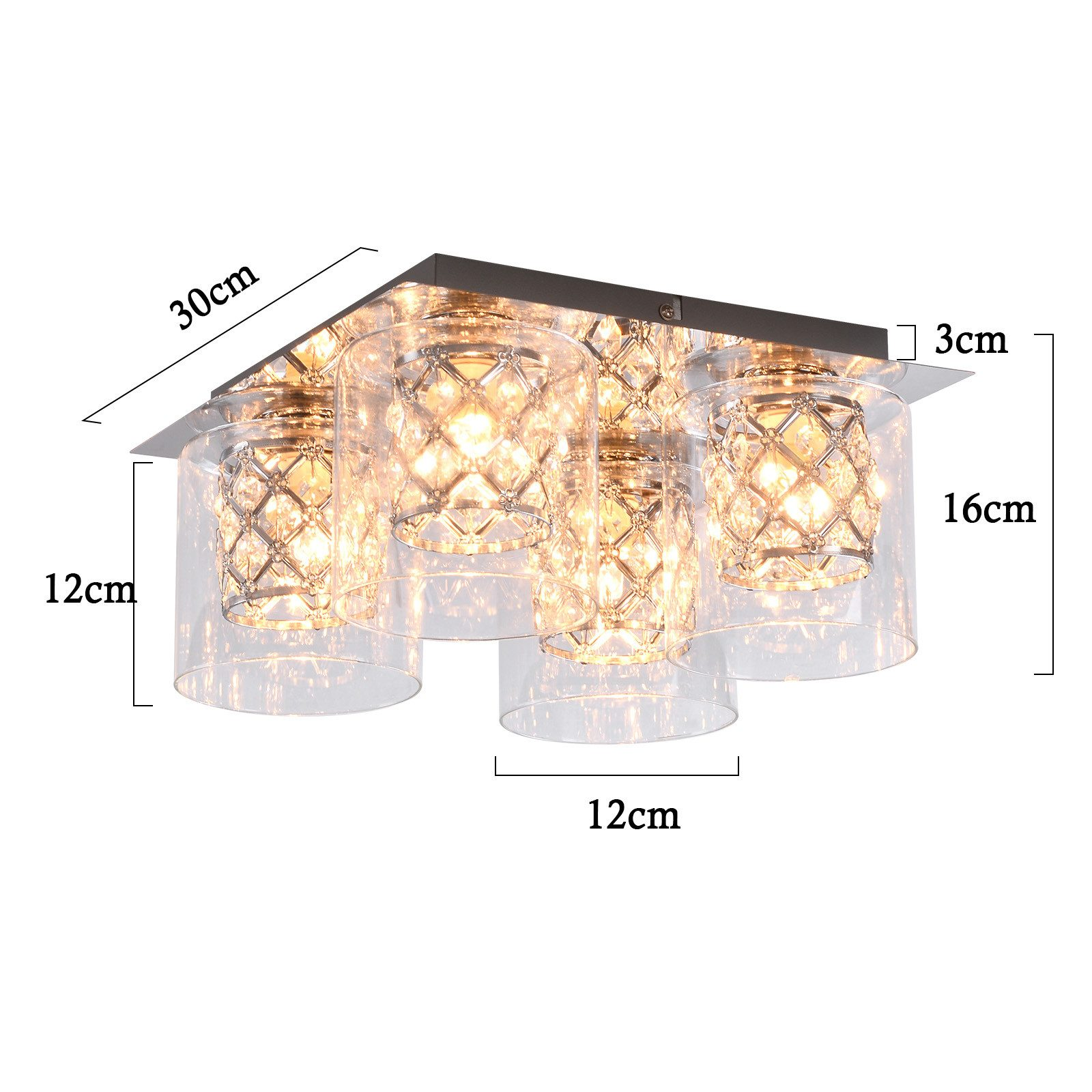 Lampa sufitowa z sześcioma światłami. Ma prostokątną podstawę i cylindryczne klosze. Podano wymiary.