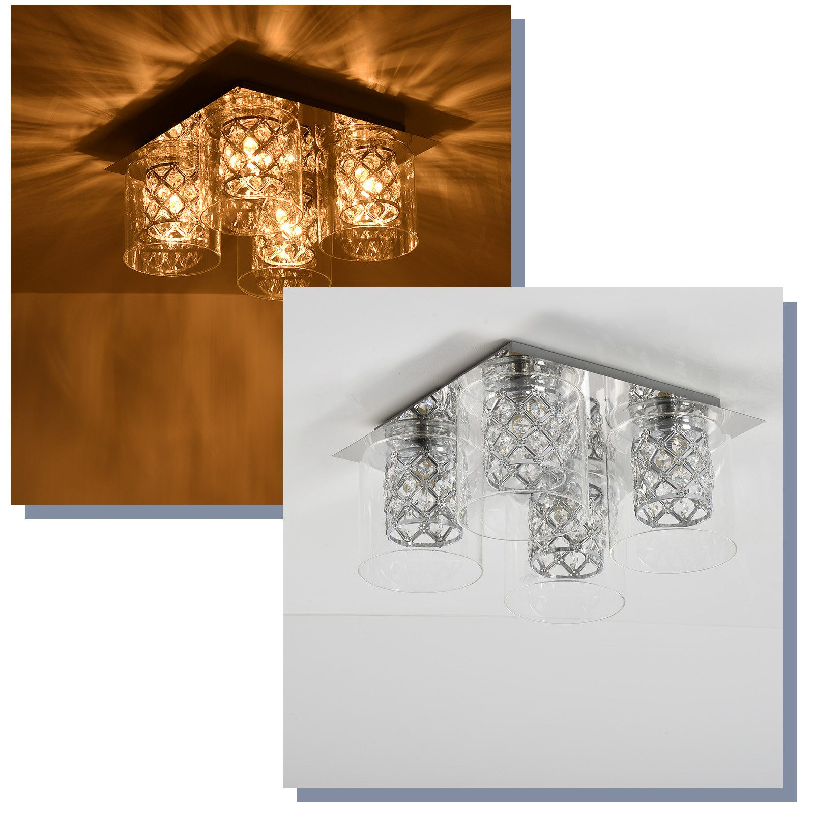 Lampa sufitowa z kryształowymi elementami, z efektami świetlnymi po lewej stronie.