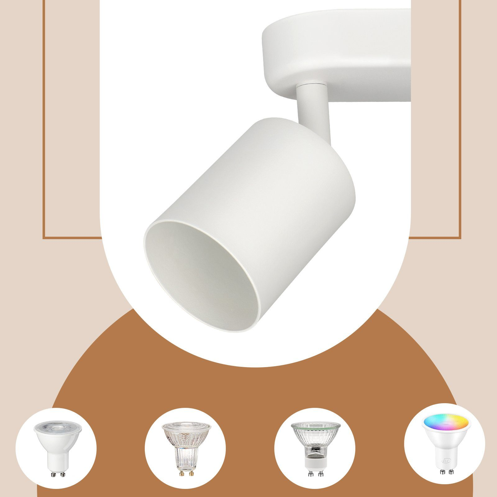 Weißer Strahler mit 4 Glühbirnen-Illustrationen, mit verschiedenen Arten von Lichtern.