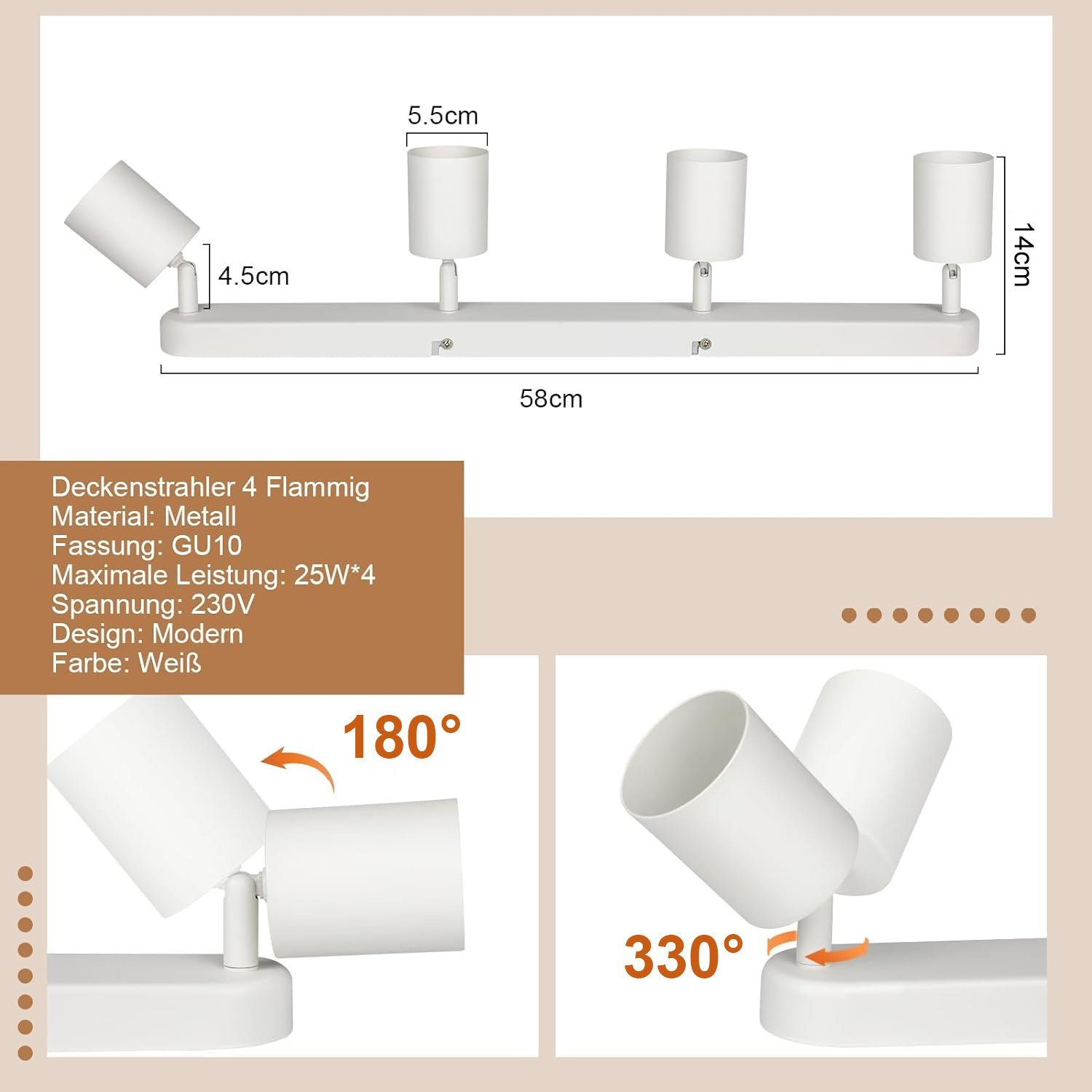 Biały reflektor sufitowy z czterema regulowanymi światłami, pokazano wymiary.