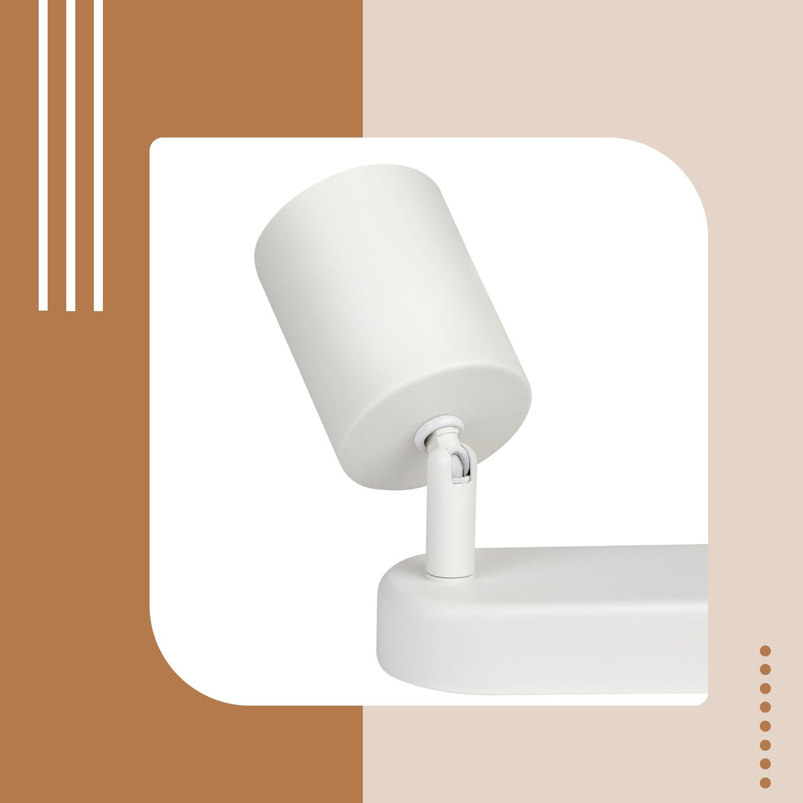 Eine weiße Spotlichtlampe auf einem Ständer, vor einem neutralen Hintergrund mit braunen Farbakzenten.