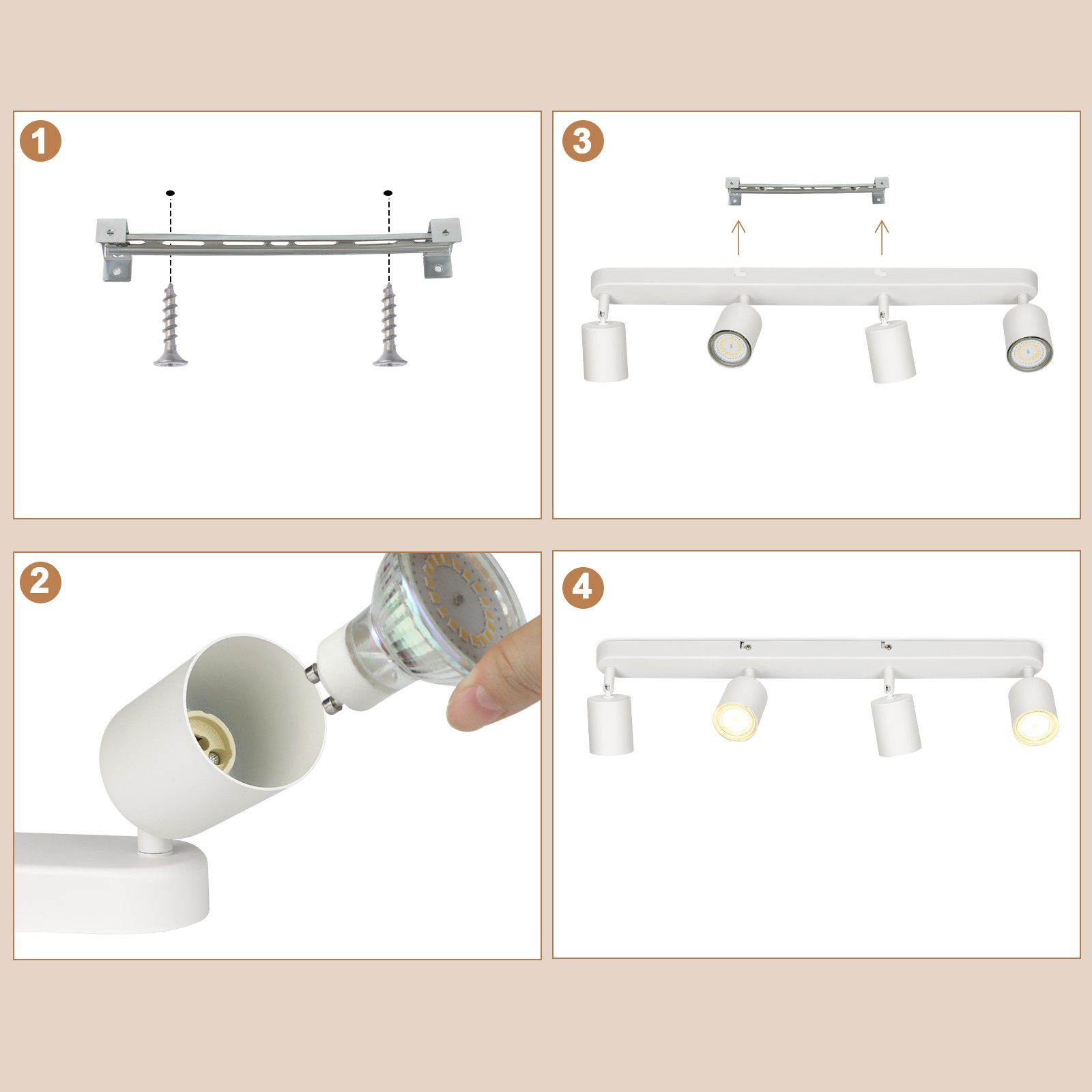 Installationsschritte für Strahler. Vier Bilder zeigen Schritte 1, 2, 3 und 4.