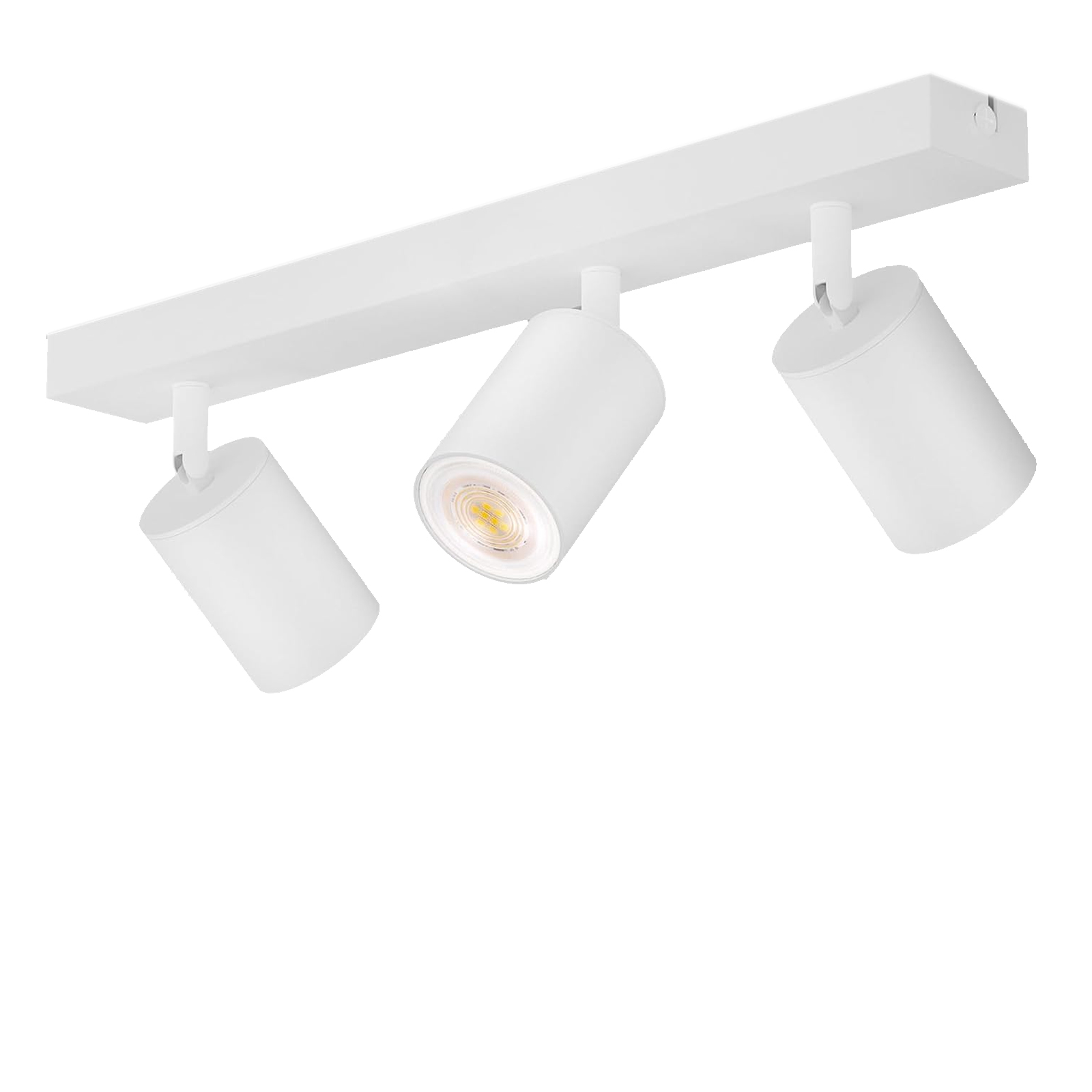 Illuminazione a binario bianca con tre faretti cilindrici su sfondo bianco.
