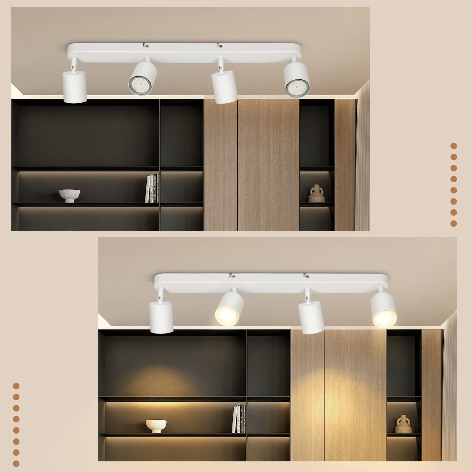 Decken-Spots. Weiß, verstellbar. Obere und untere Ansicht. Dunkler Hintergrund, mit Deko.