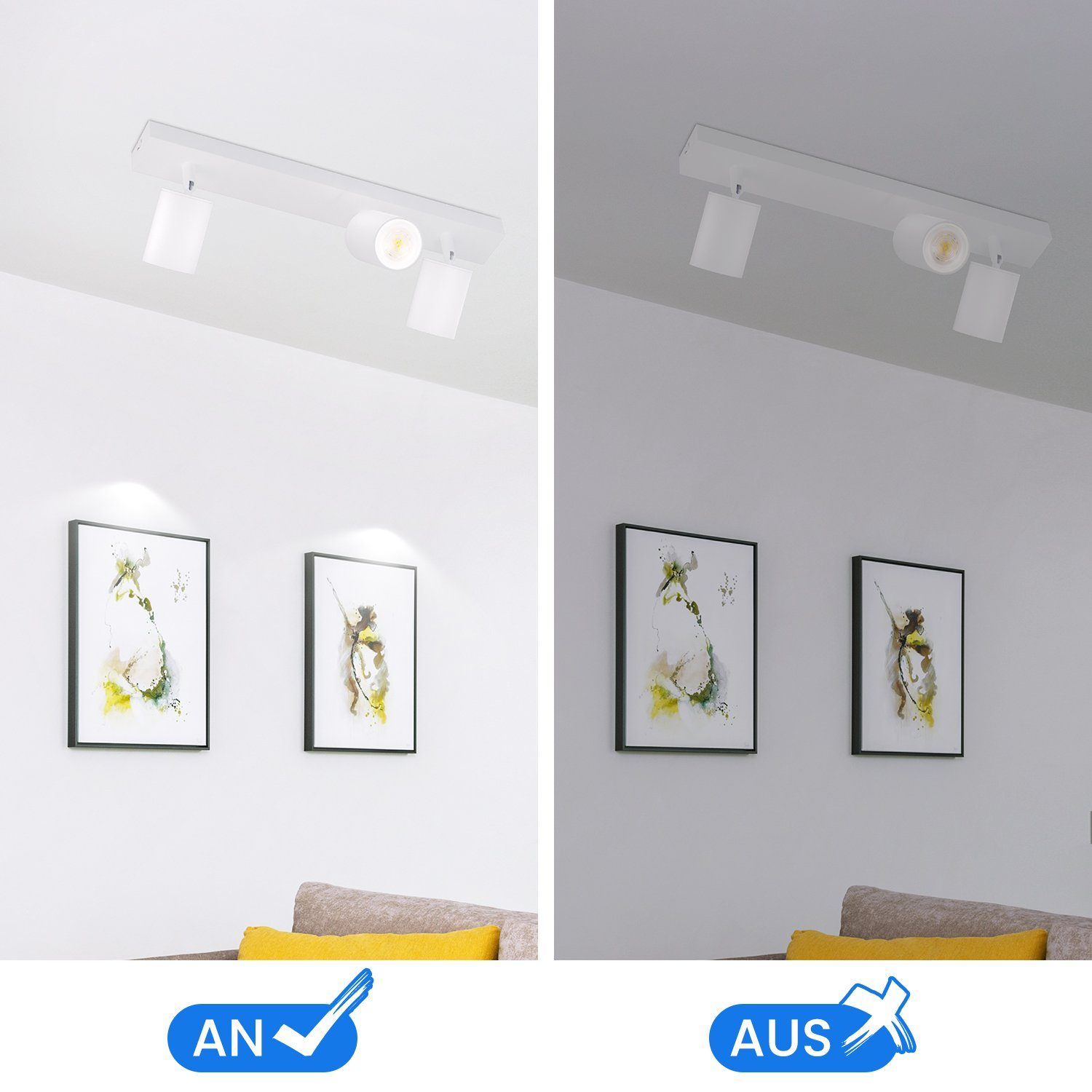 Due immagini affiancate, con luce a parete accesa e spenta. Due dipinti sul muro.
