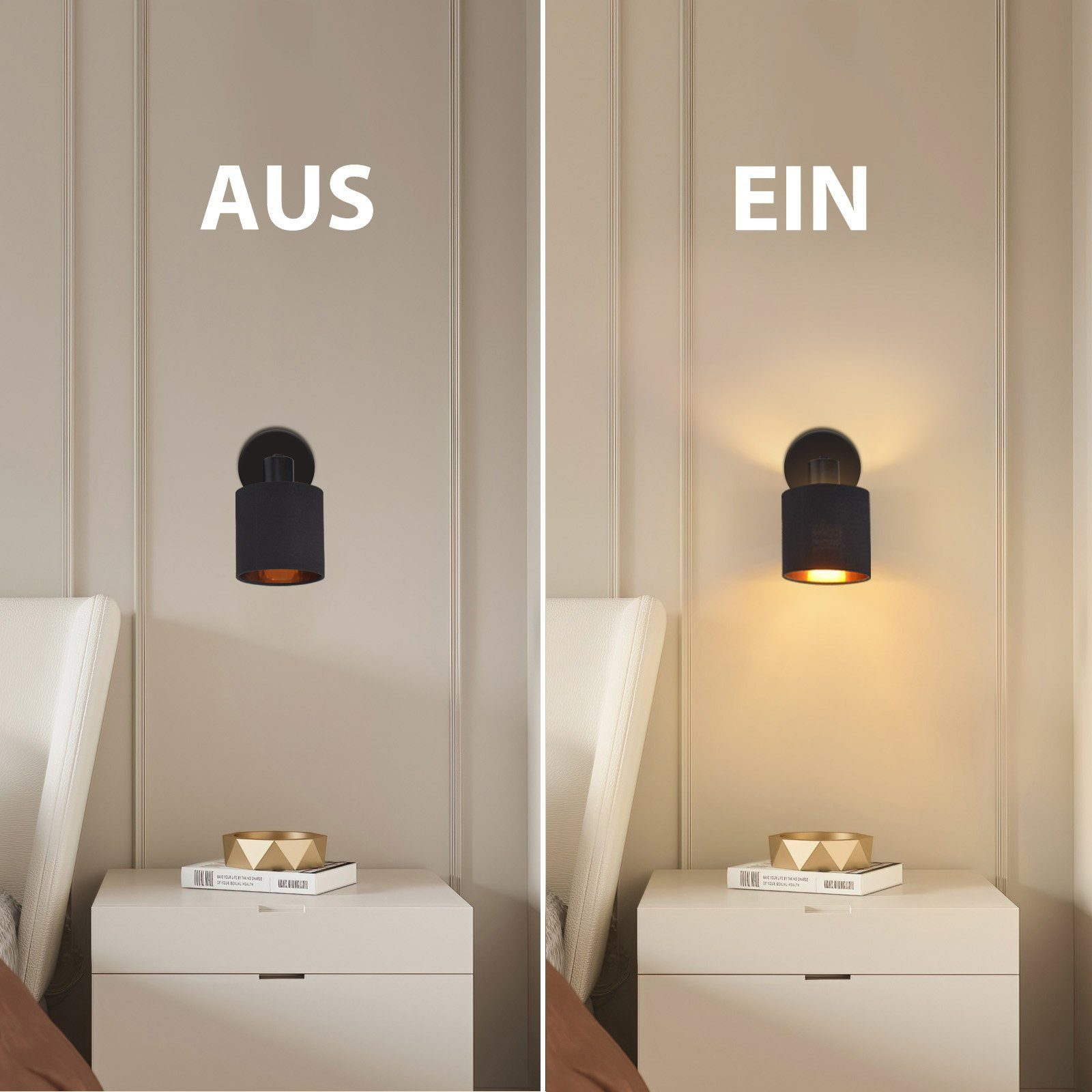 Due immagini di un'applique. Una è spenta, l'altra è accesa, illuminando lo spazio.