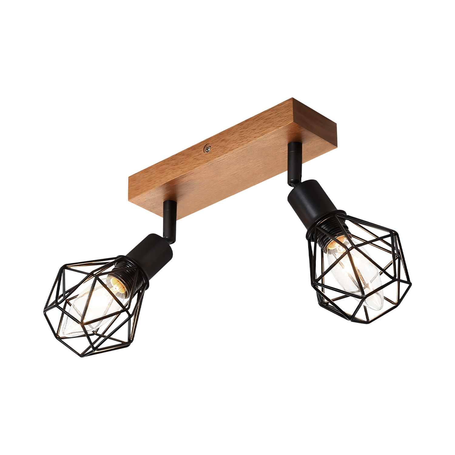 Lampada in legno con due luci nere a gabbia. Sfondo bianco.