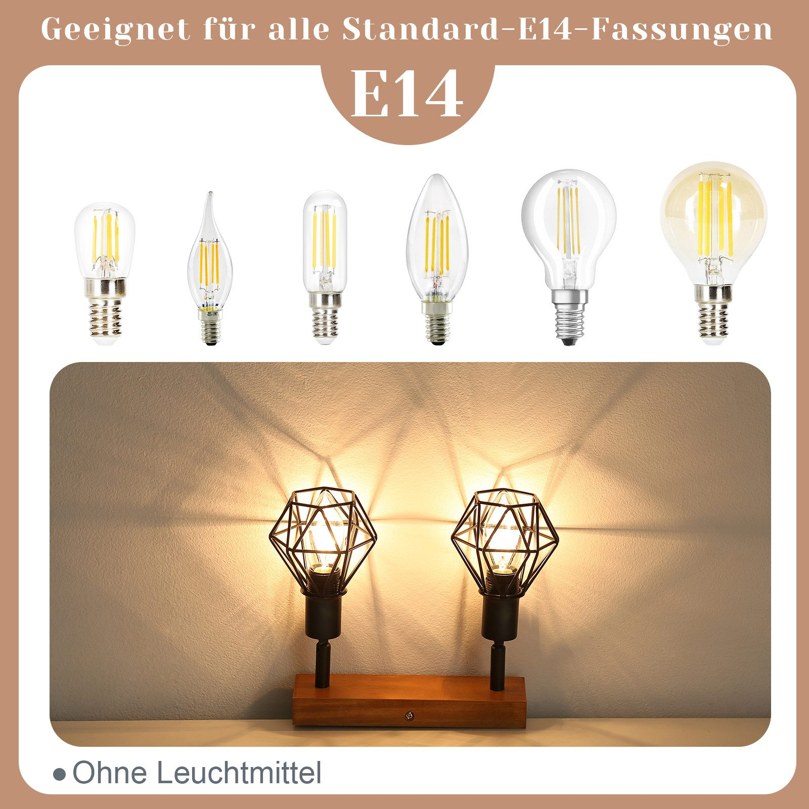 Varie lampadine E14 esposte su sfondo marrone. Due lampade nere con paralumi geometrici accese.