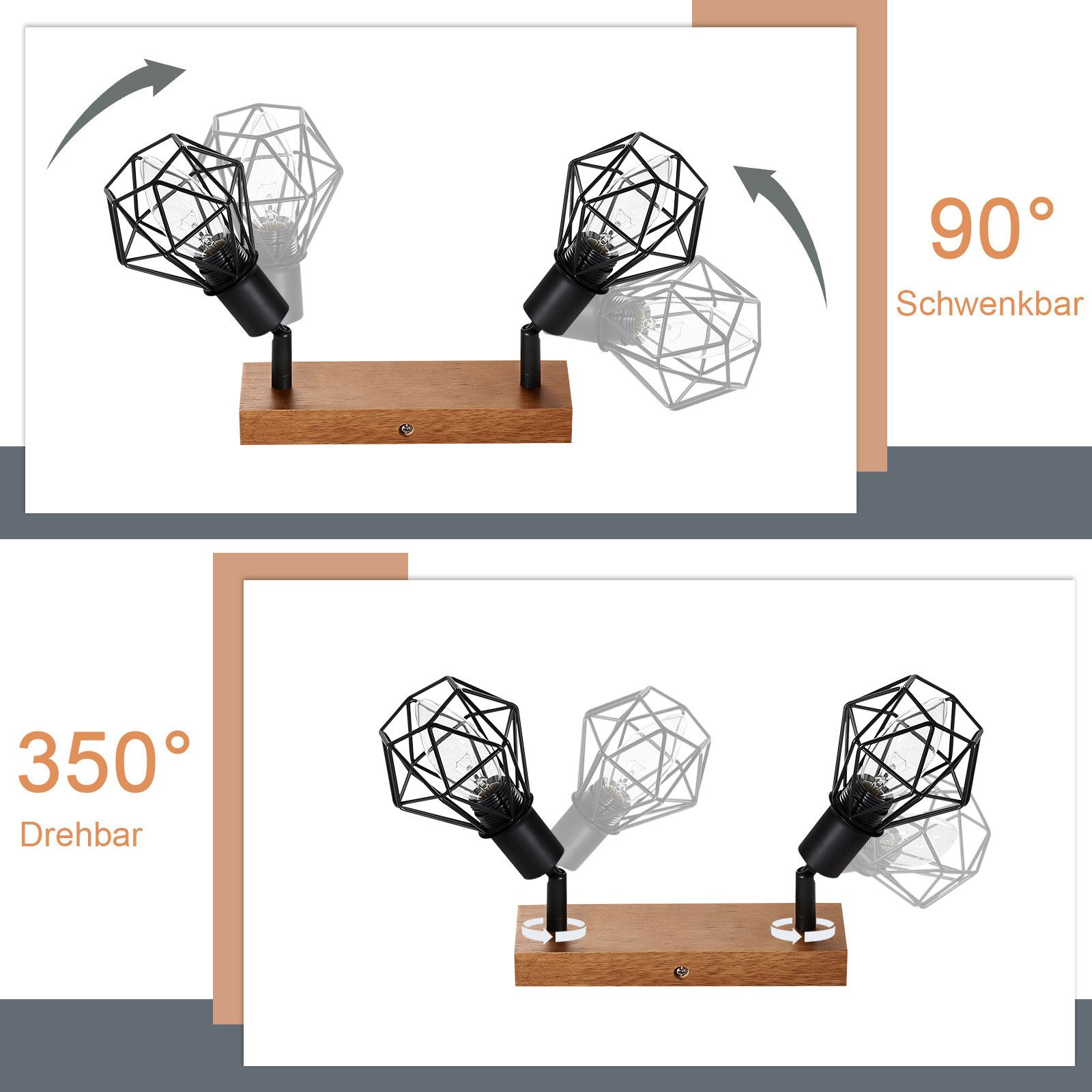 Due lampade con teste rotanti. Una mostra rotazione di 90 gradi, l'altra 350.