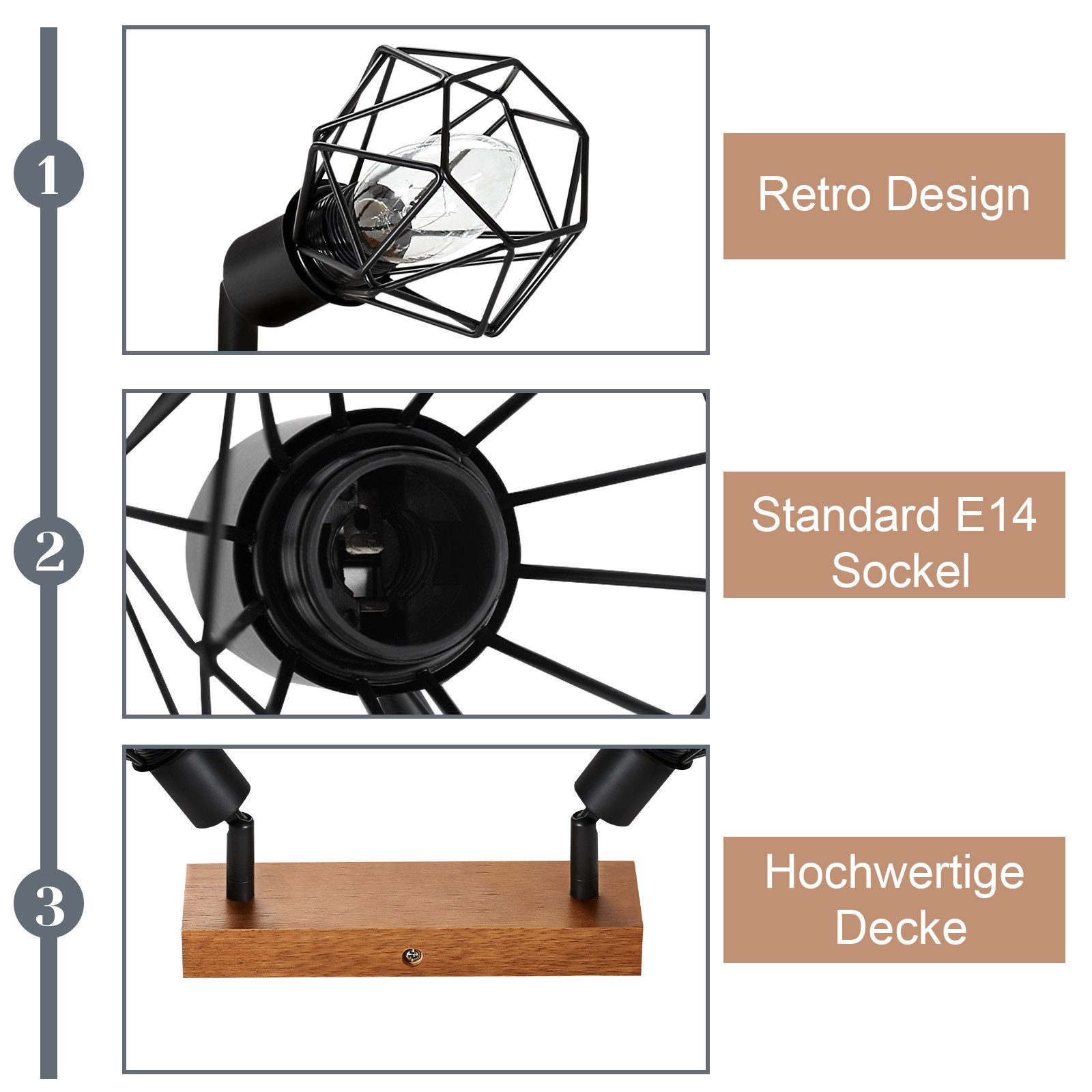 Tre immagini che mostrano una lampada. Design retrò, attacco E14 standard e ponte di alta qualità sono etichettati.