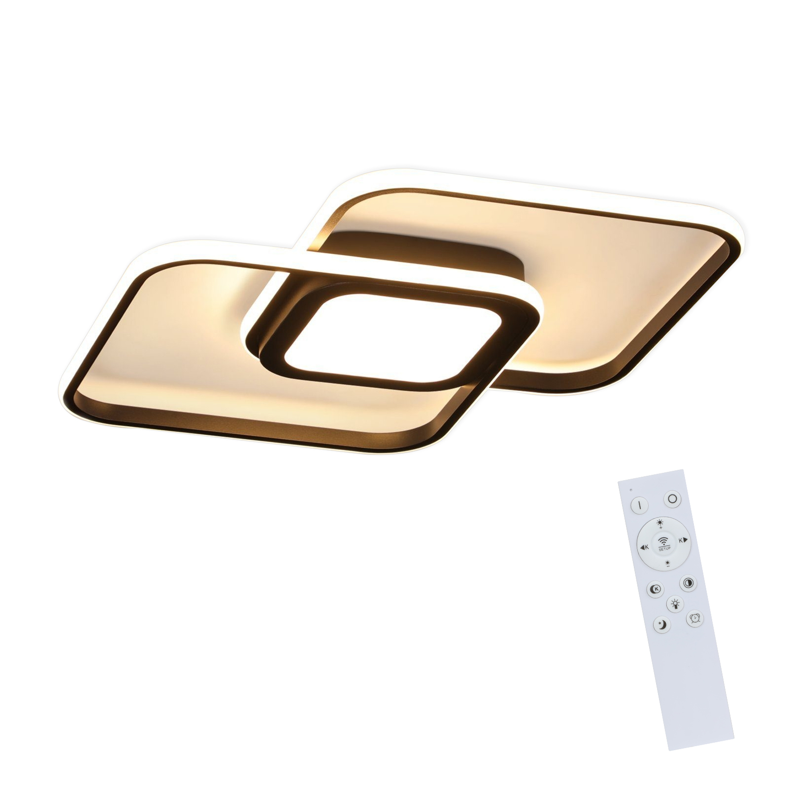 Lampada da soffitto moderna con due pannelli quadrati e un telecomando.