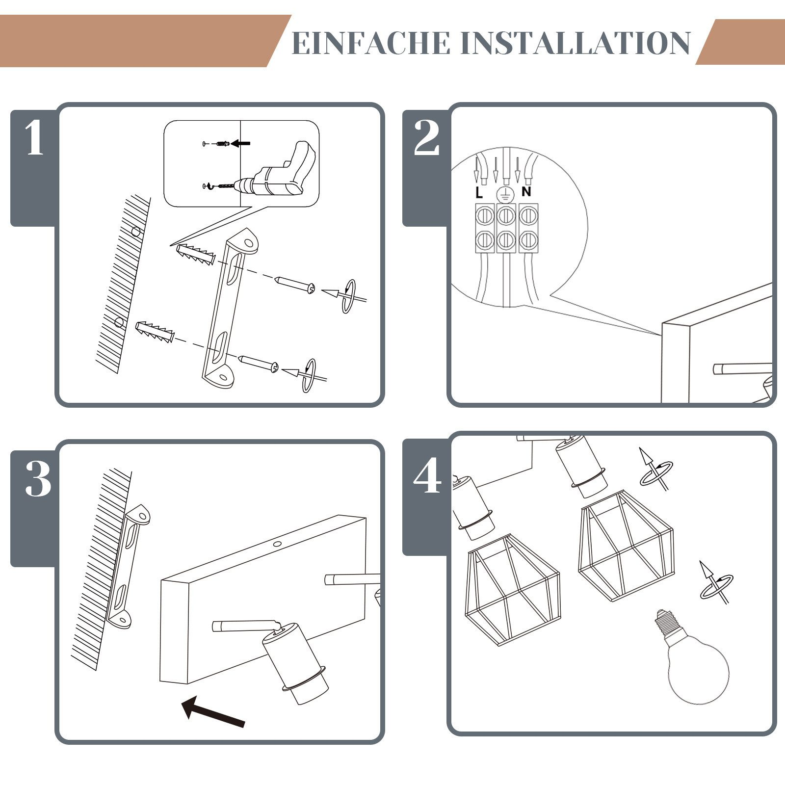 Diagramma di installazione con quattro passaggi per installare una lampada, con testo in tedesco.