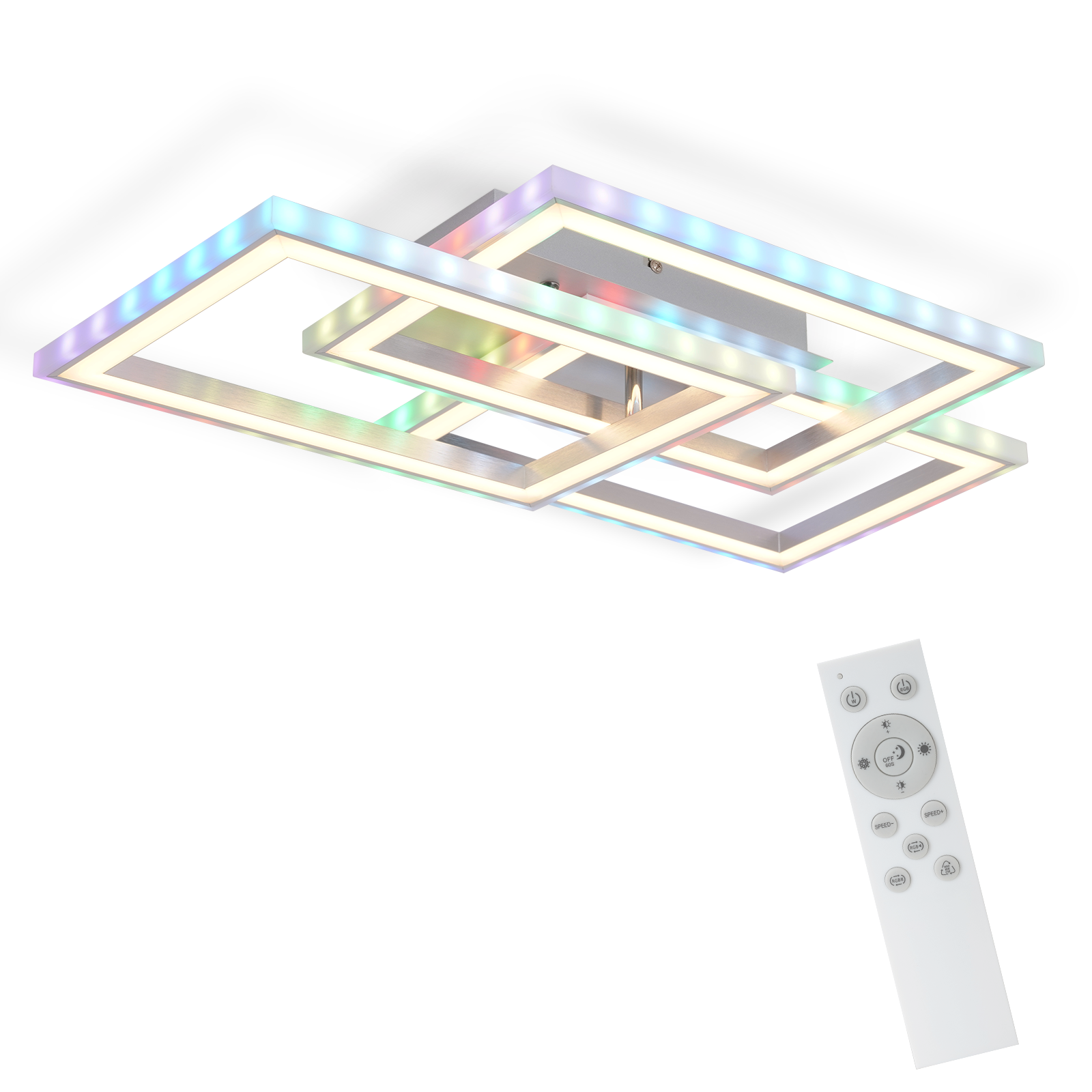 Lampada da soffitto con quadrati sovrapposti che emettono colori arcobaleno. Telecomando bianco in basso a destra. Sfondo bianco.