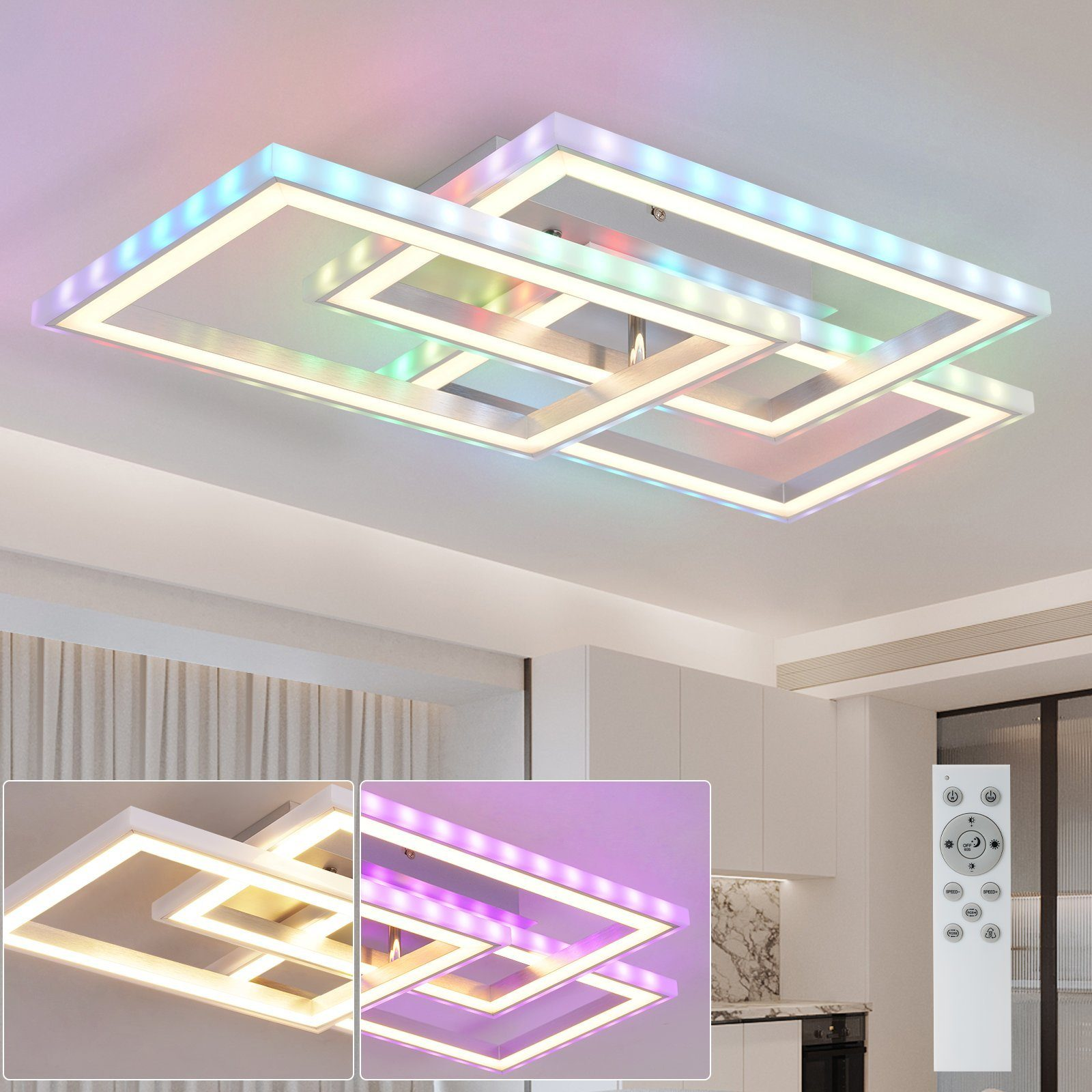 Lampada da soffitto con cornice bianca e luci multicolore. Il telecomando è a destra. Due viste in basso.